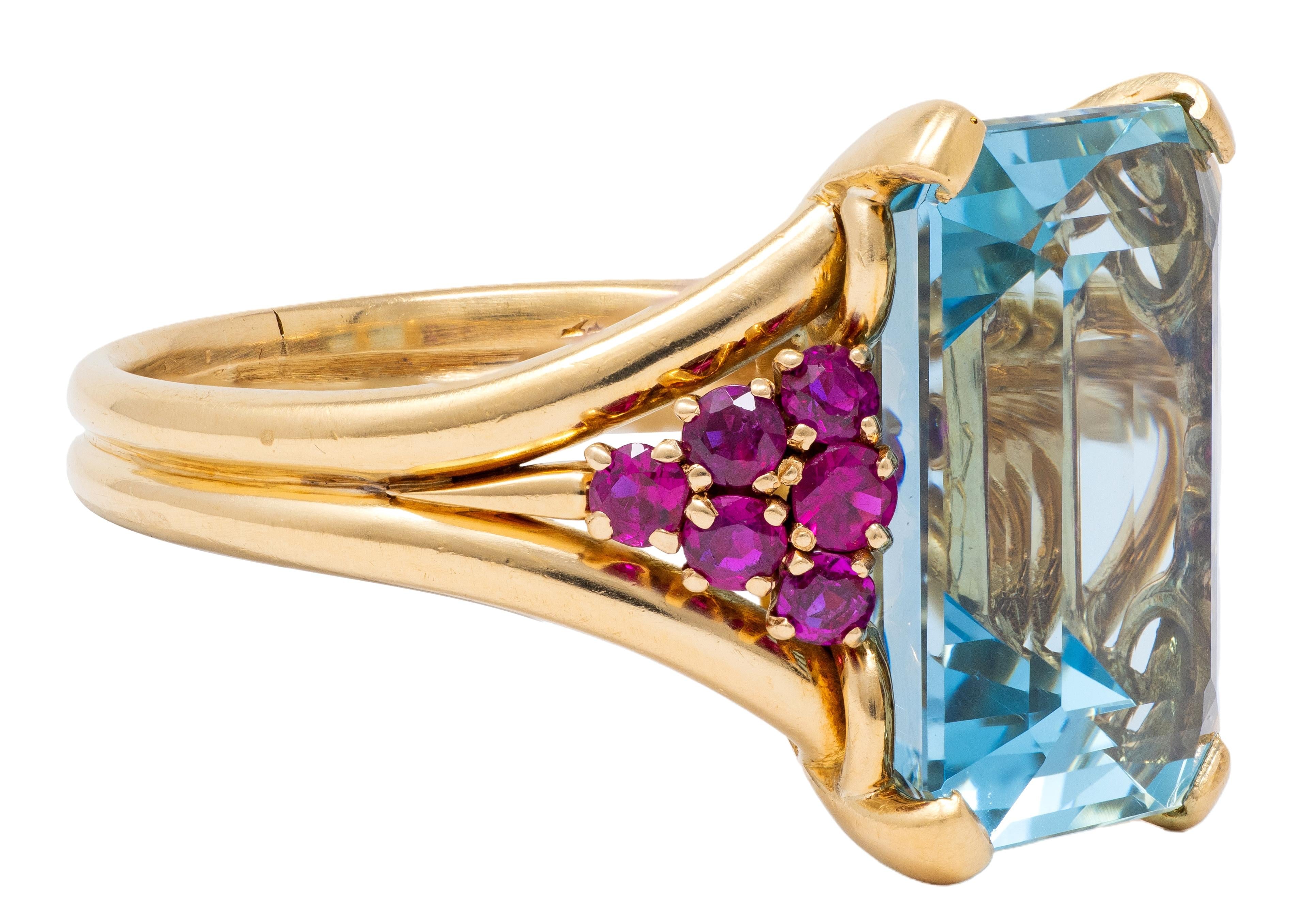 Tiffany & Co. 1940's Aquamarine Ruby 18 Karat Yellow Gold Vintage Cocktail Ring