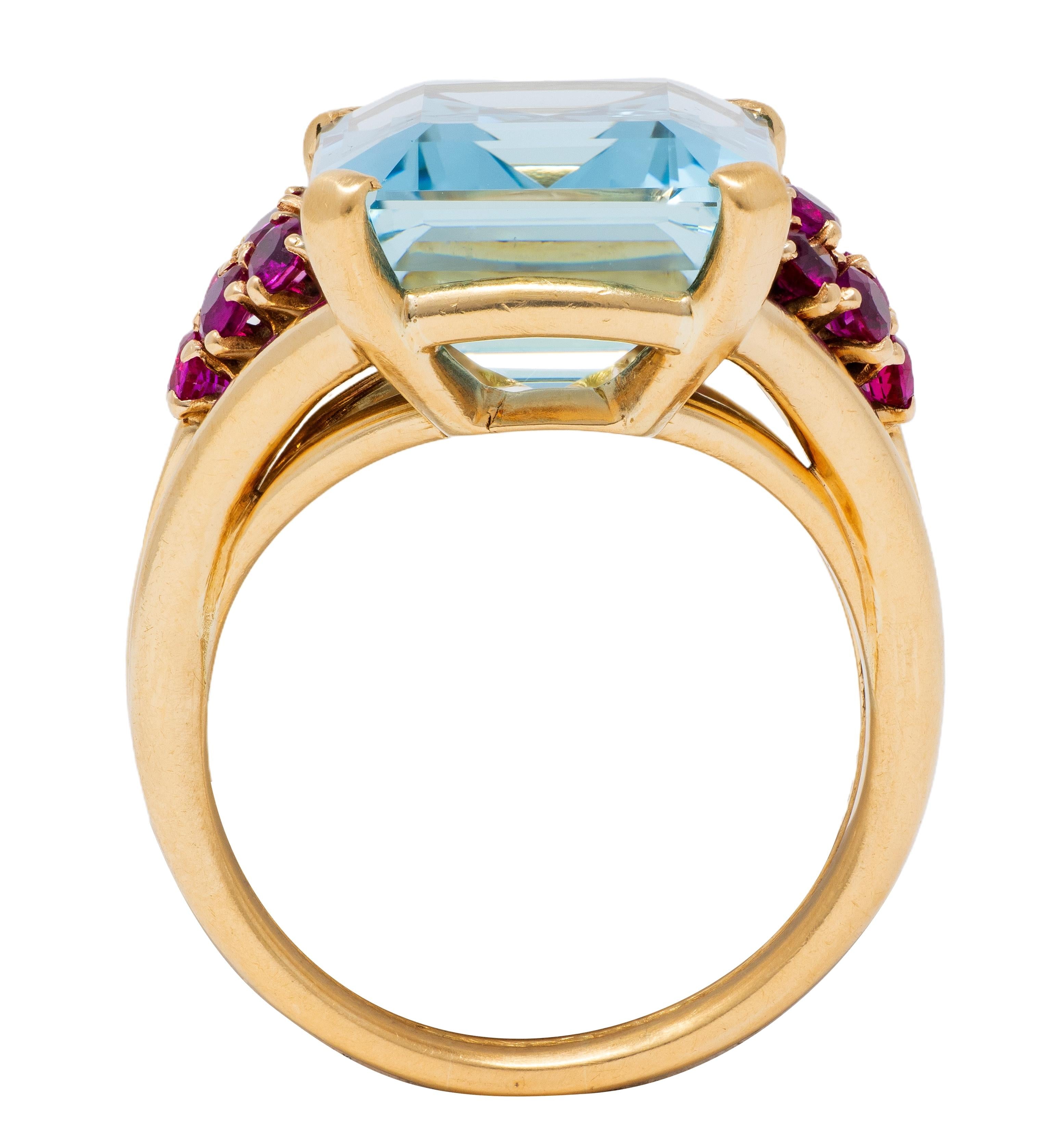 Tiffany & Co. 1940's Aquamarine Ruby 18 Karat Yellow Gold Vintage Cocktail Ring