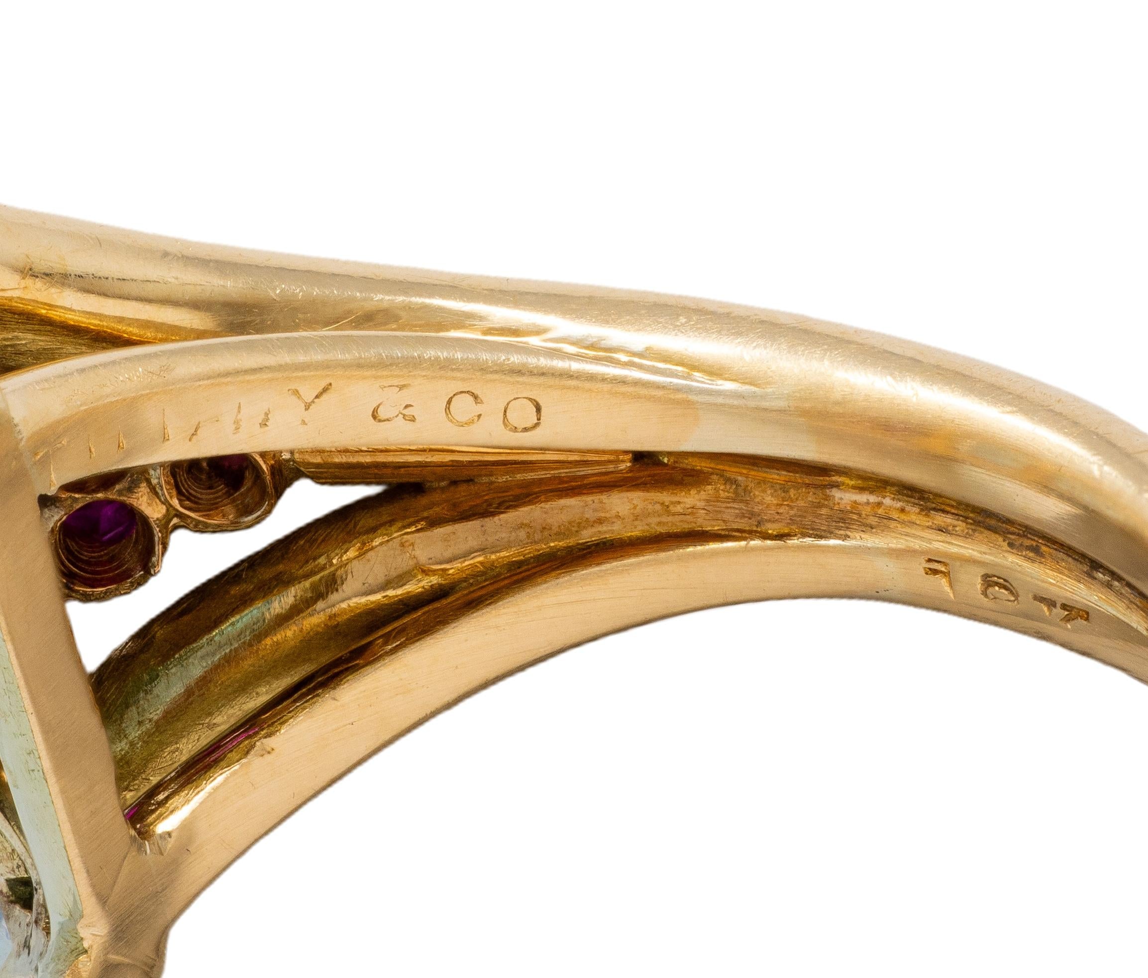 Tiffany & Co. 1940's Aquamarine Ruby 18 Karat Yellow Gold Vintage Cocktail Ring