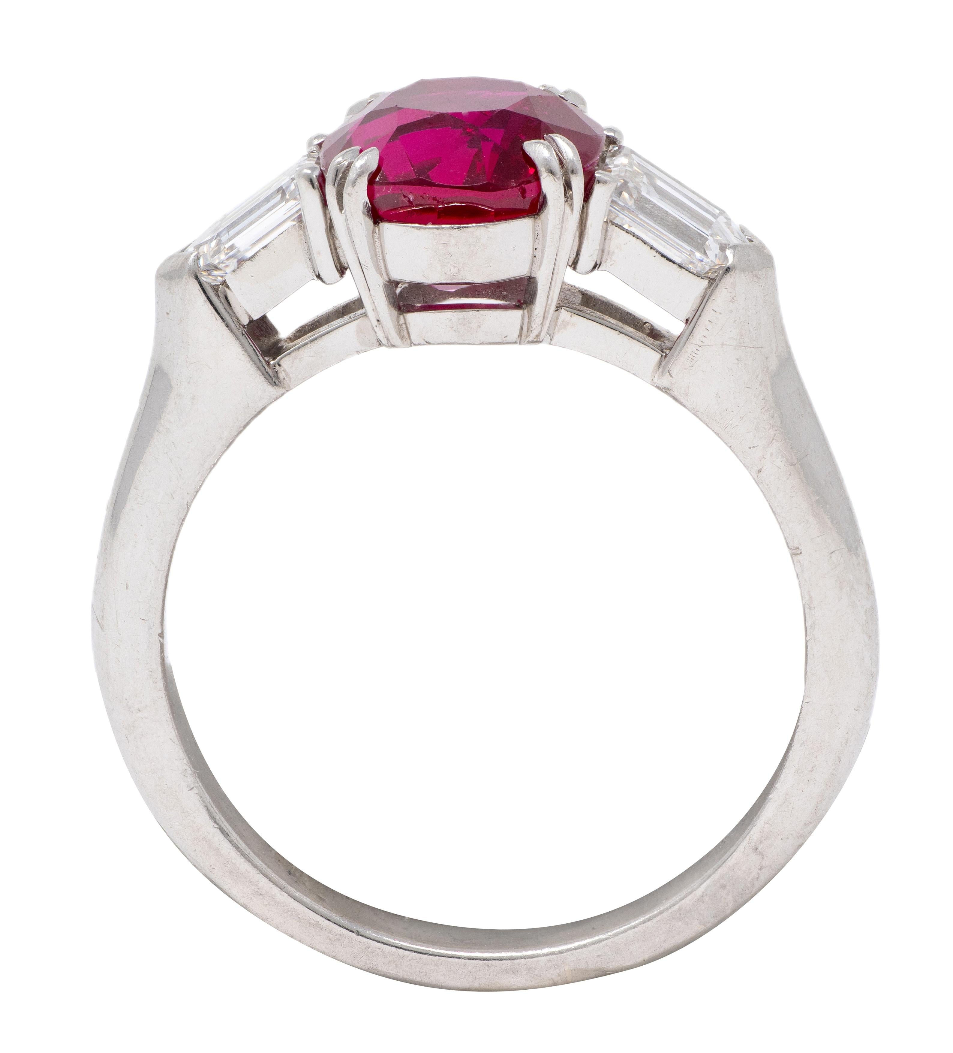Mid-Century 3.10 CTW Burma Ruby Diamond Platinum Vintage Three Stone Ring AGL