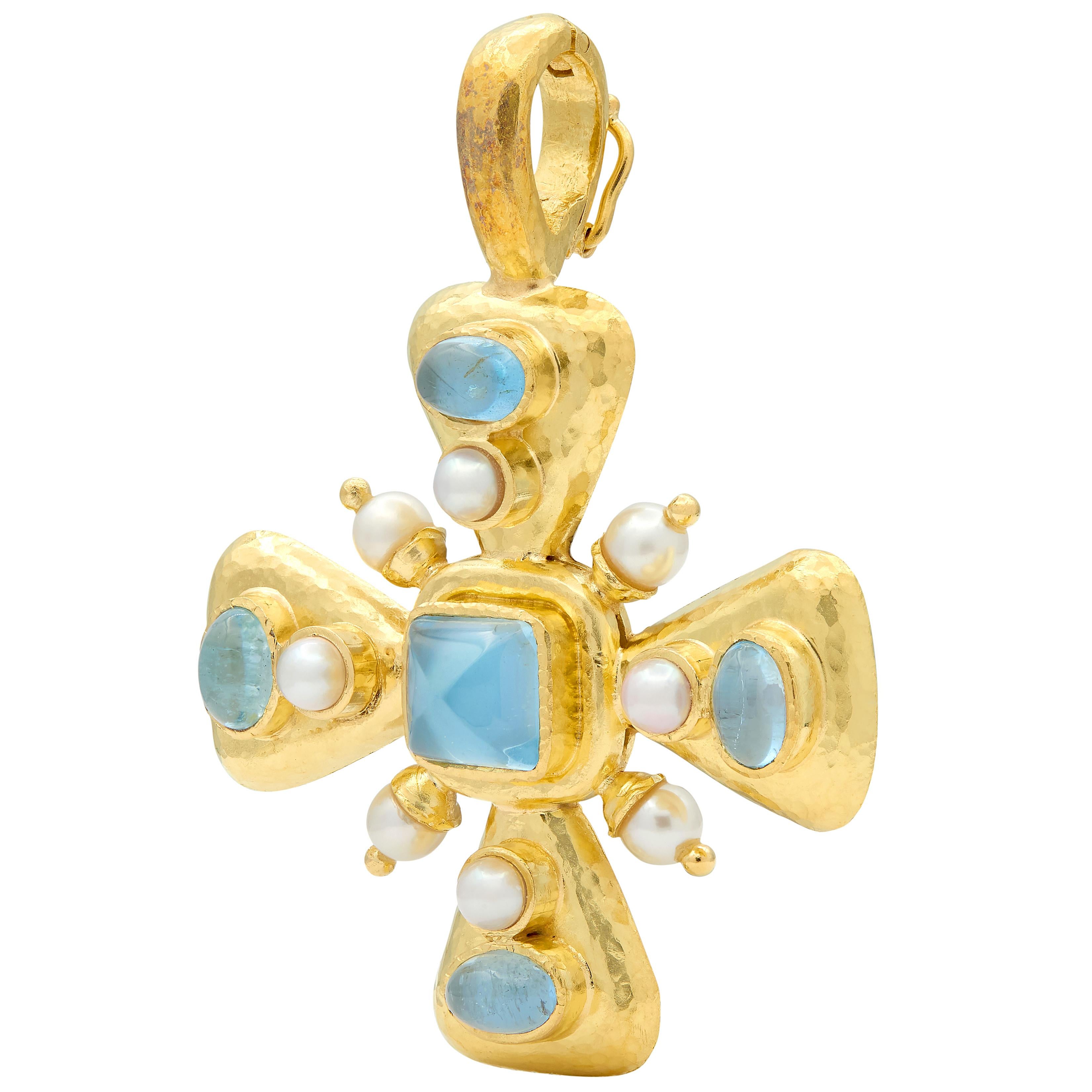 Elizabeth Locke 1990's Pearl Aquamarine 19K Gold Vintage Hammered Cross Pendant