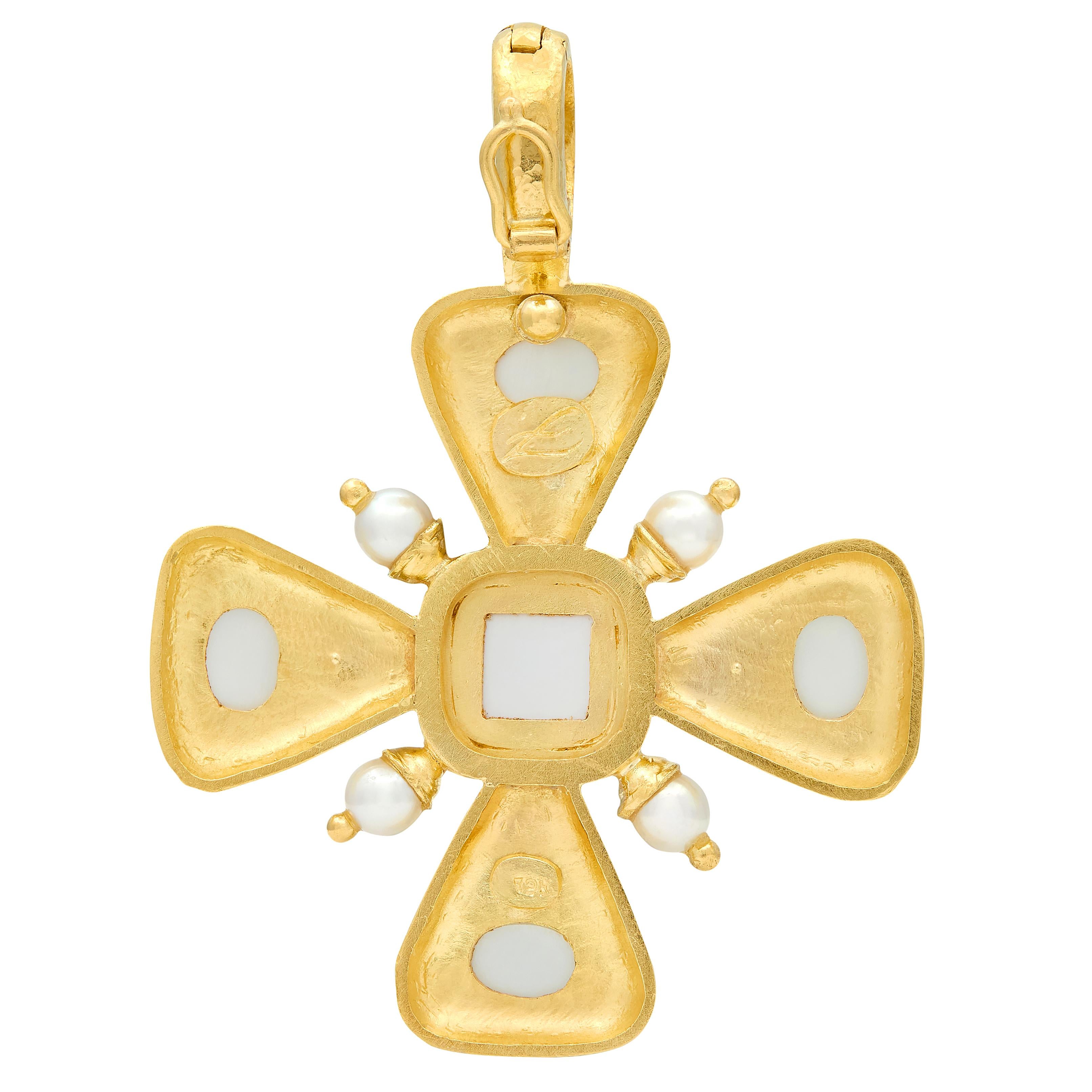 Elizabeth Locke 1990's Pearl Aquamarine 19K Gold Vintage Hammered Cross Pendant