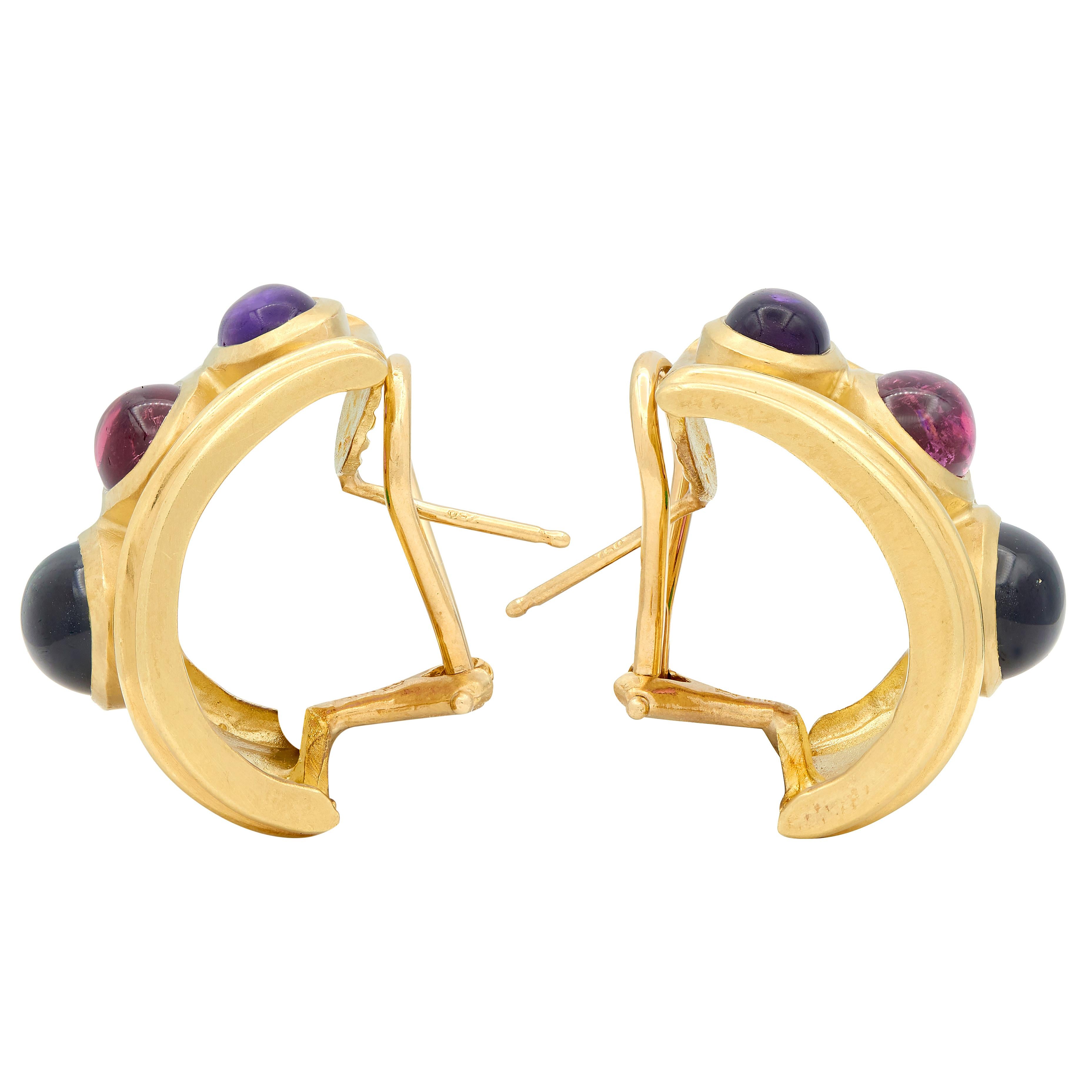 Seidengang 1980's Multi-Gem 18K Gold Vintage Multi-Gem J-Hoop Earrings