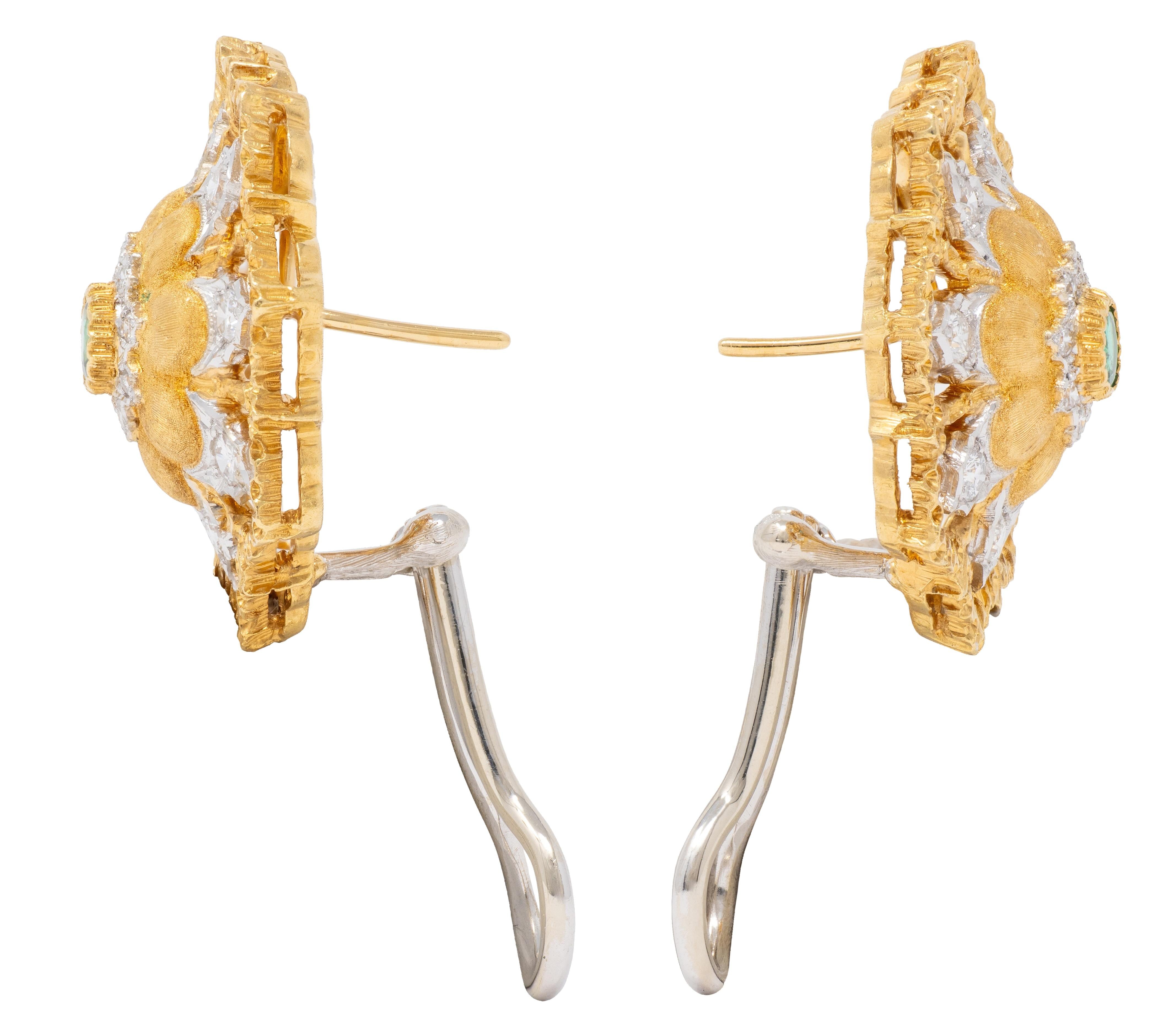 Buccellati 1960's Emerald Diamond 18 Karat Two-Tone Gold Vintage Floral Earrings