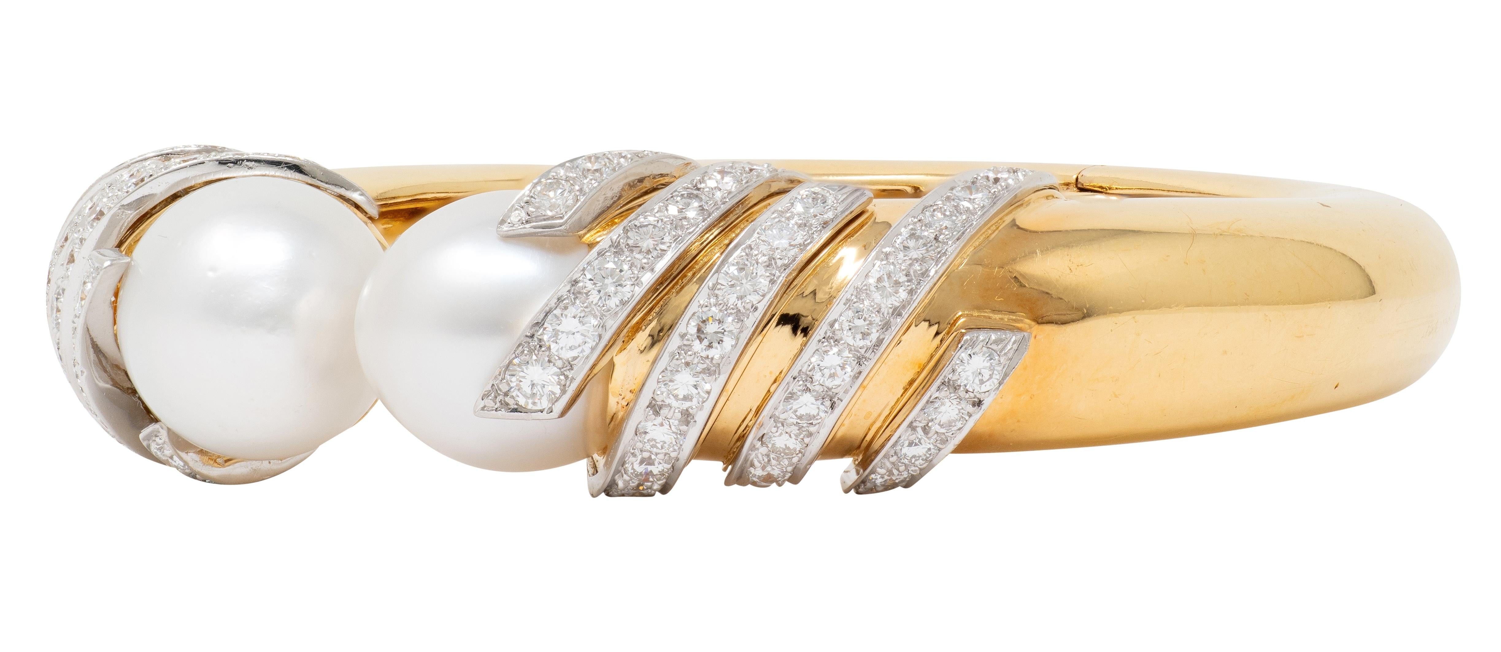 David Webb 1970's Diamond Pearl 18K Gold Platinum Vintage Swirl Cuff Bracelet