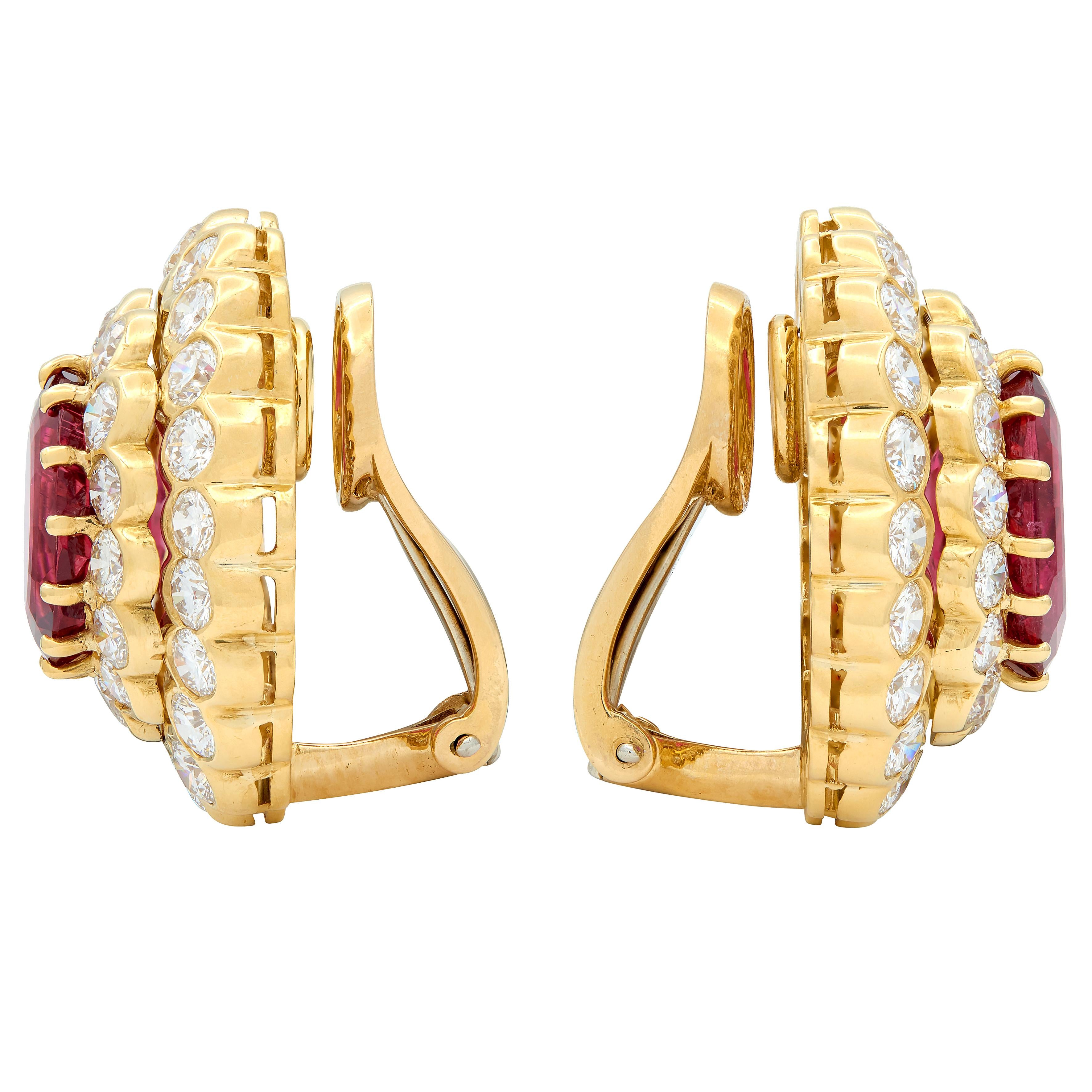 Van Cleef & Arpels 1980 Rubellite 18K Gold Vintage Double Halo Ear-Clip Earrings