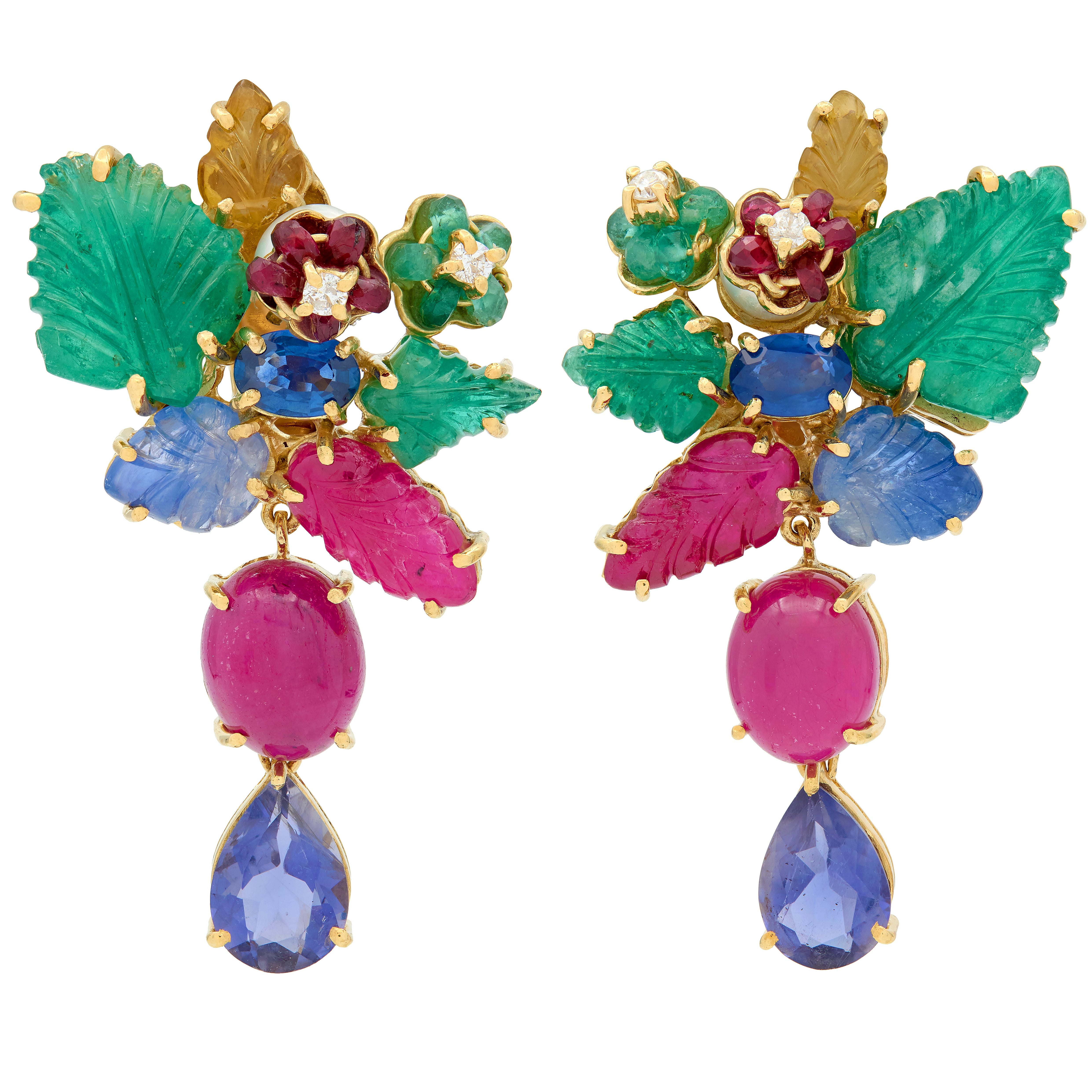 Leardi Ruby Sapphire 18K Gold Vintage Tutti-Frutti Ear-Clip Drop Earrings