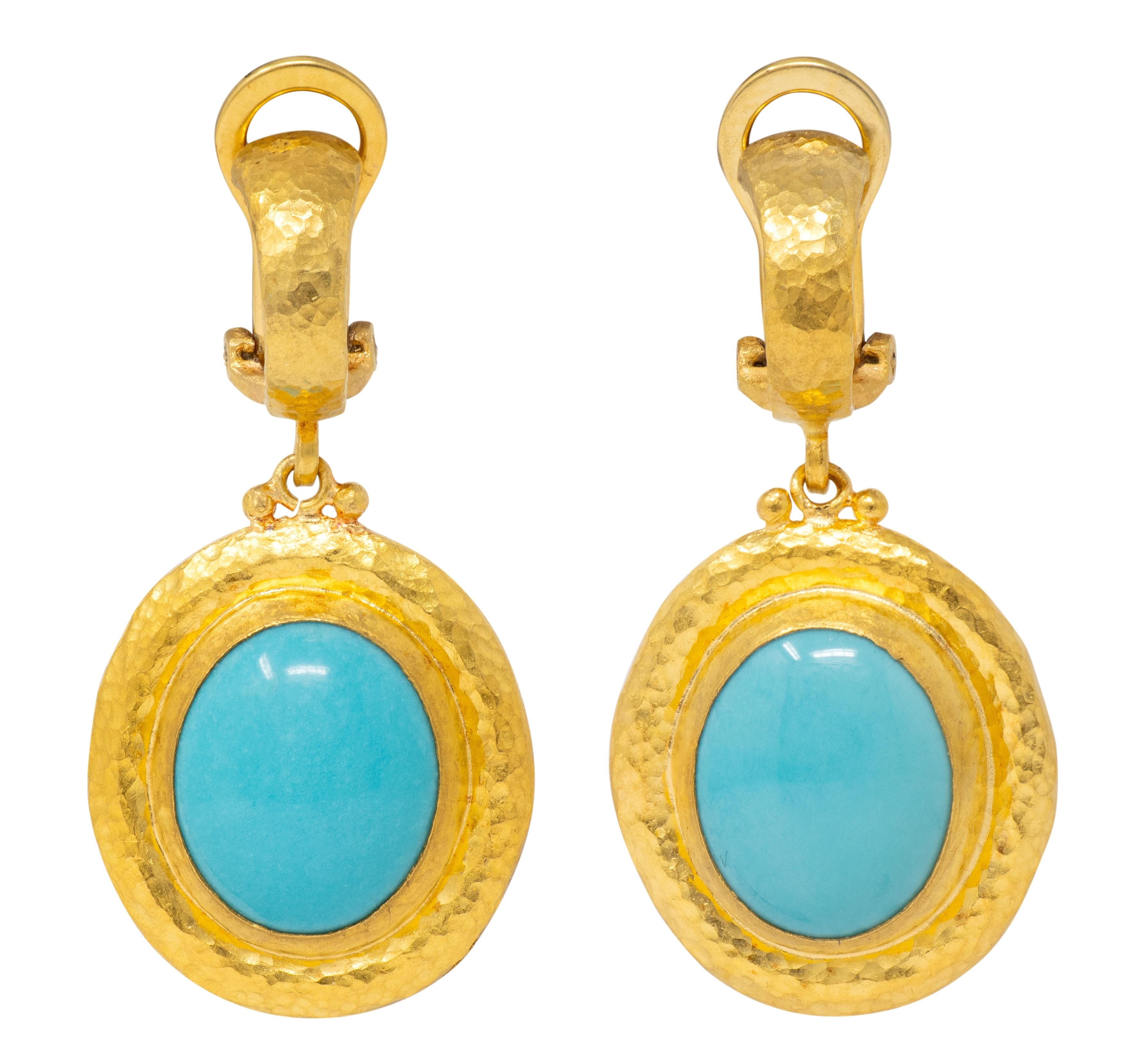 Gurhan 2000's Turquoise 22 Karat Yellow Gold Hammered Gemstone Drop Earrings