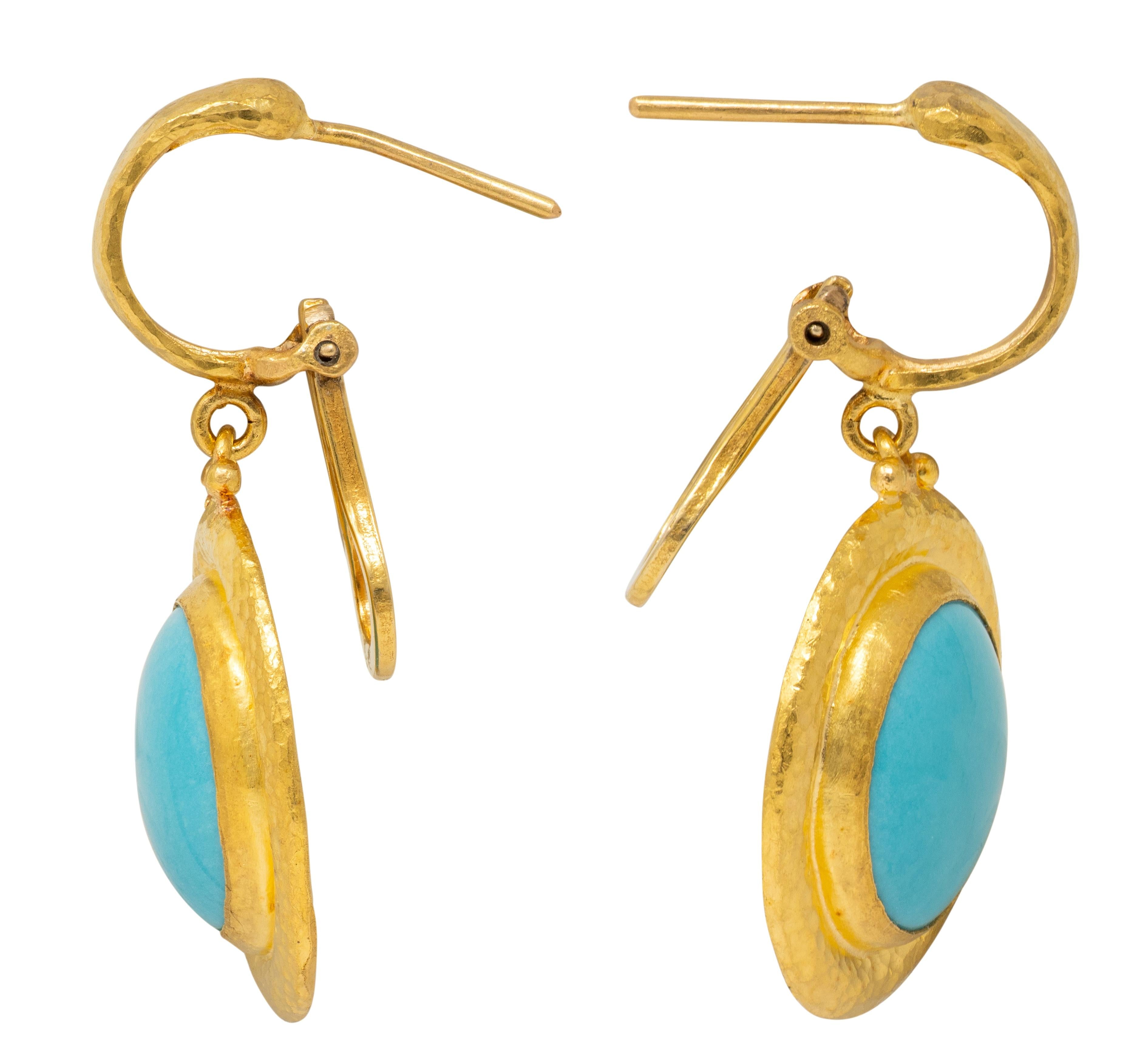 Gurhan 2000's Turquoise 22 Karat Yellow Gold Hammered Gemstone Drop Earrings