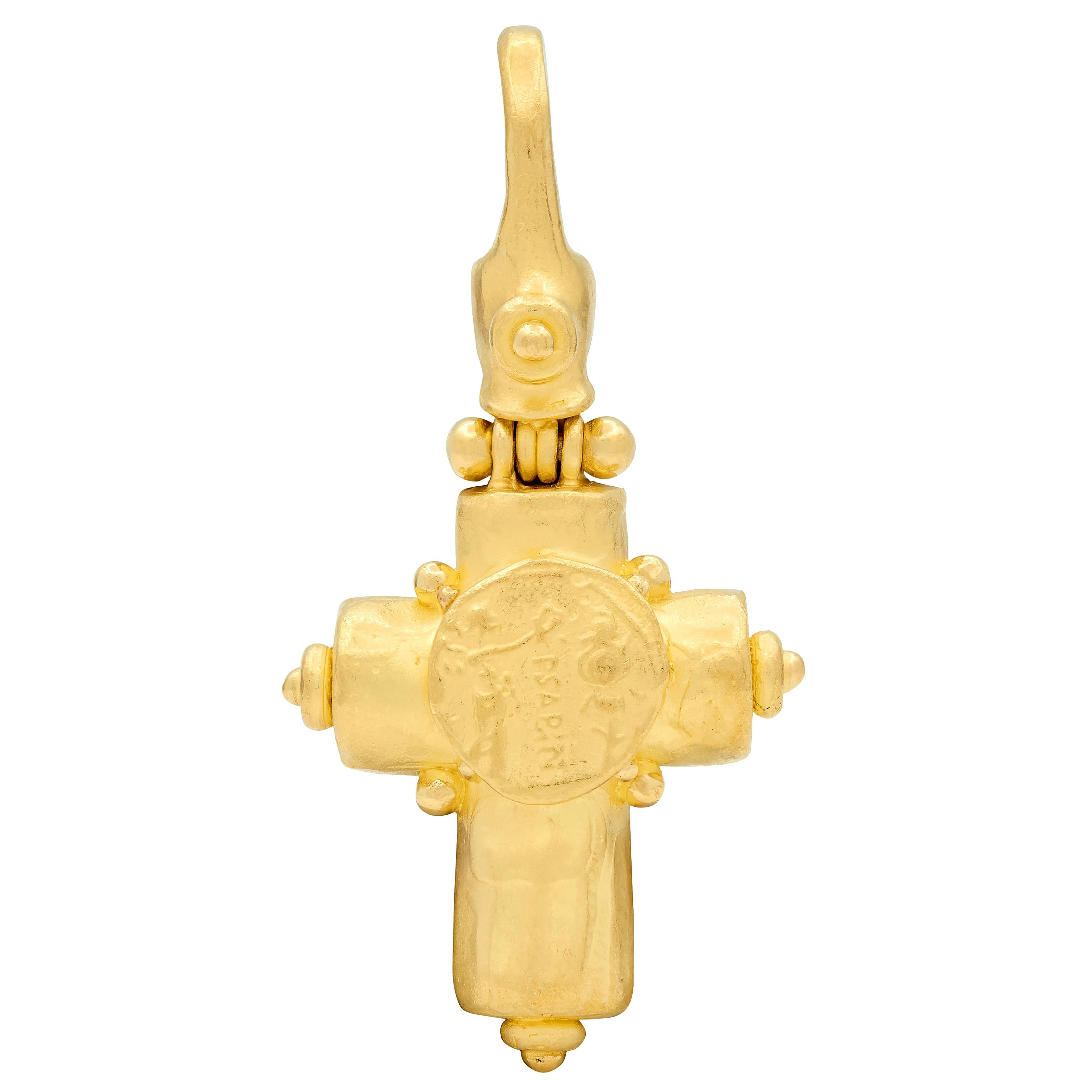 Denise Roberge 1990's 22 Karat Yellow Gold Vintage Ancient Coin Cross Pendant