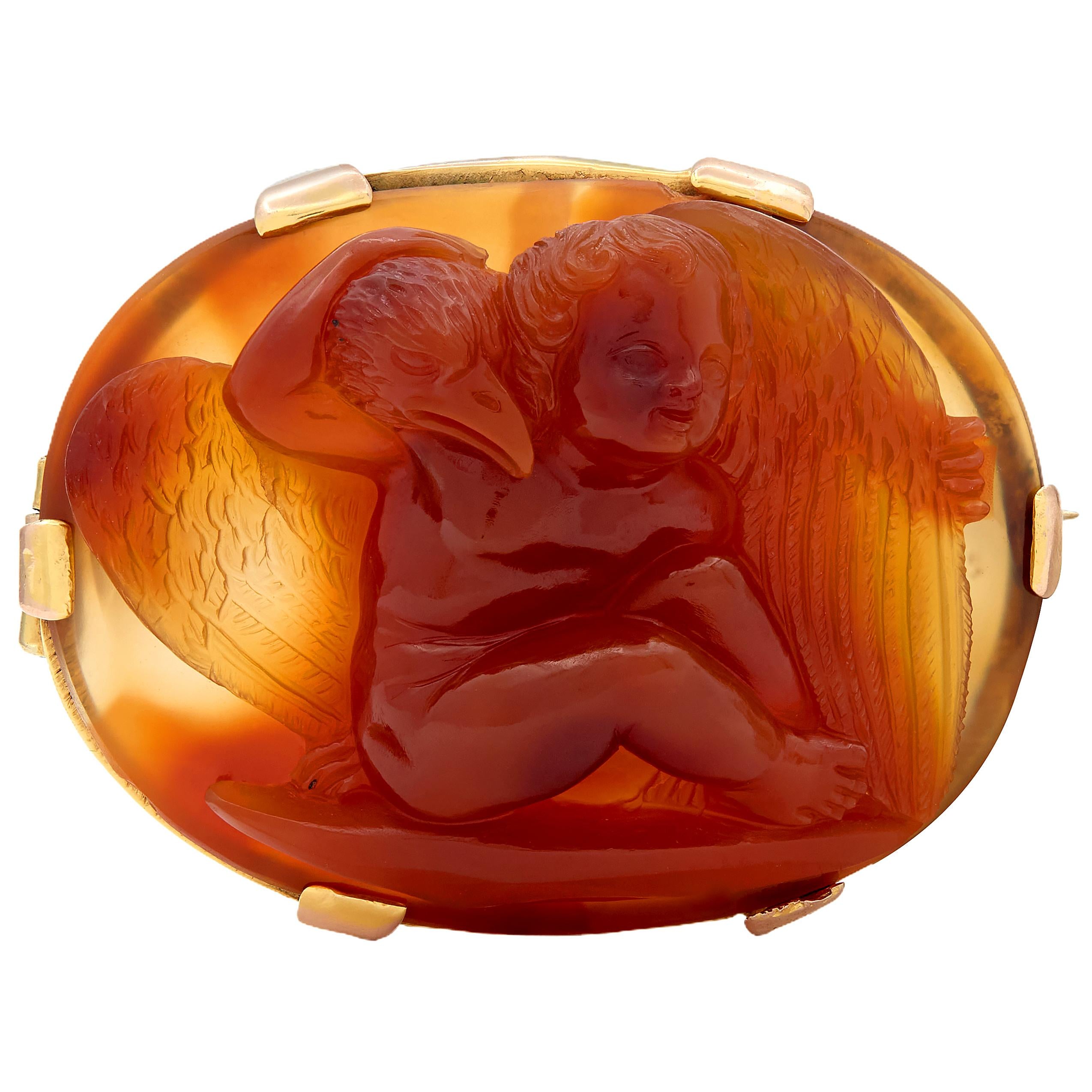 Victorian Red Agate 14 Karat Two-Tone Gold Antique Greek Myth Cameo Brooch