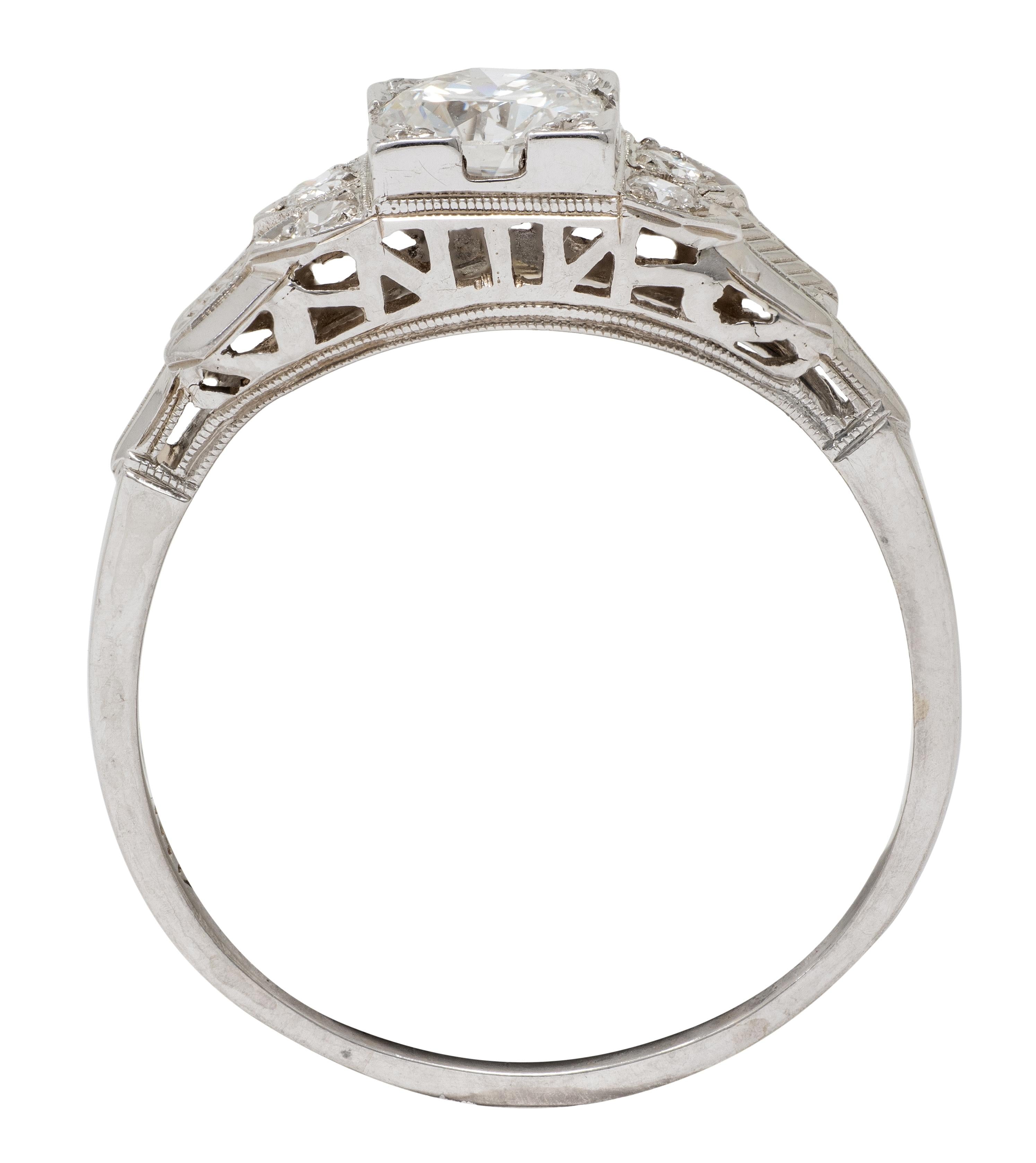 Art Deco Old European Diamond 18K White Gold Vintage Stepped Engagement Ring