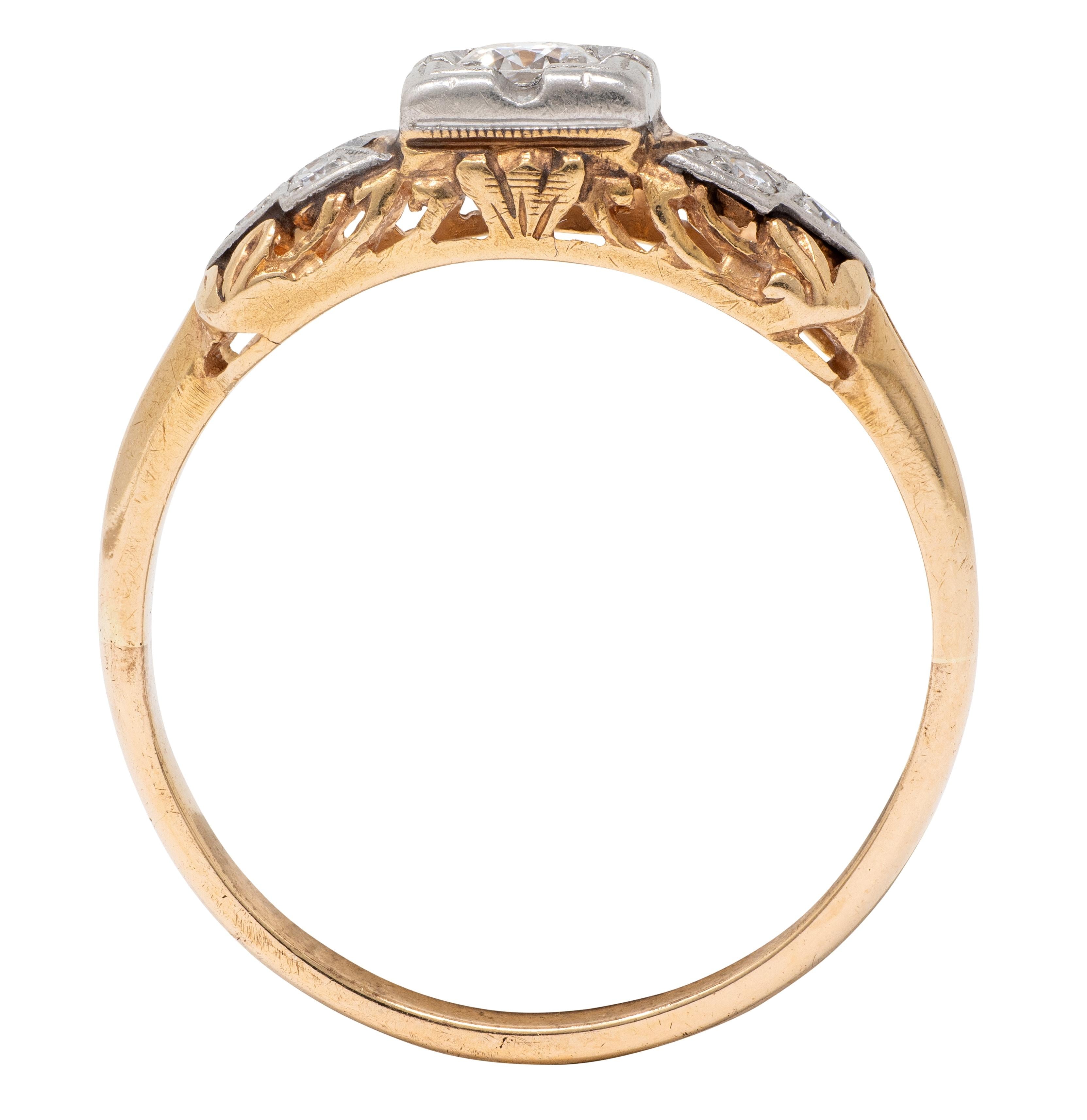 Art Deco Old European Diamond 14K Gold Platinum Antique Foliate Engagement Ring