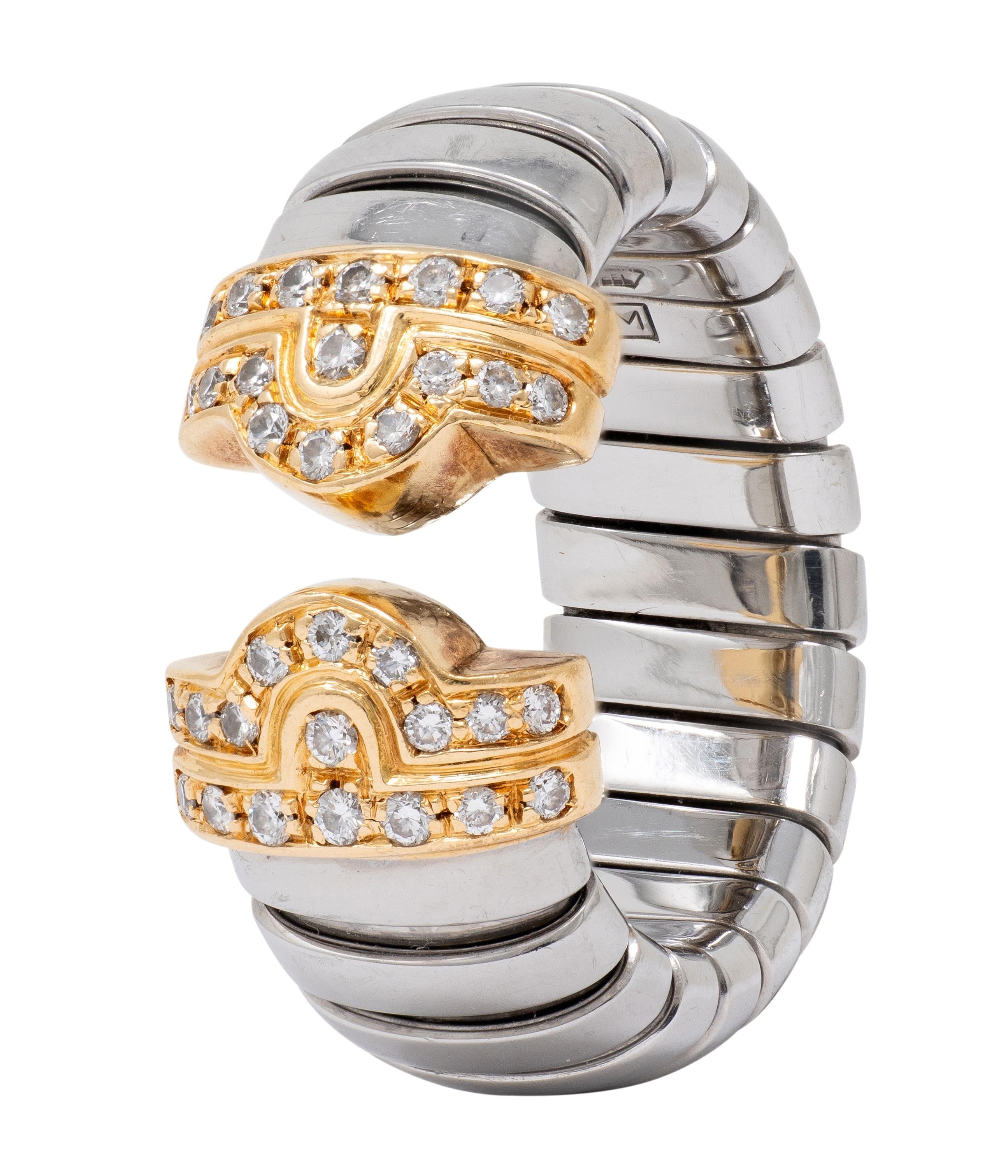 Bulgari 1990's Diamond 18K Gold Steel Vintage Parentesi Tubogas Omega Cuff Ring