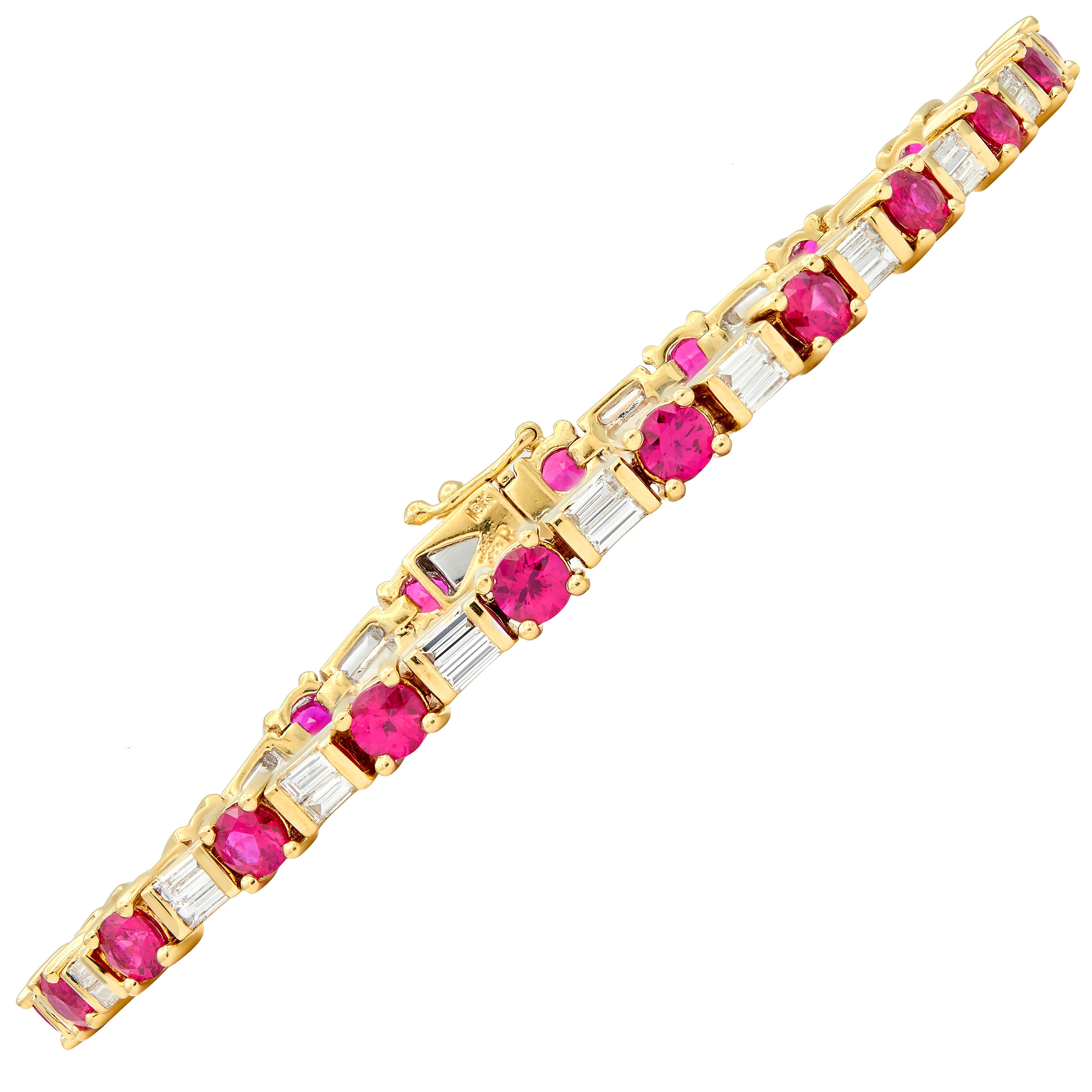 2000's 6.40 CTW Diamond Ruby 18K Yellow Gold Vintage Dash & Dot Line Bracelet