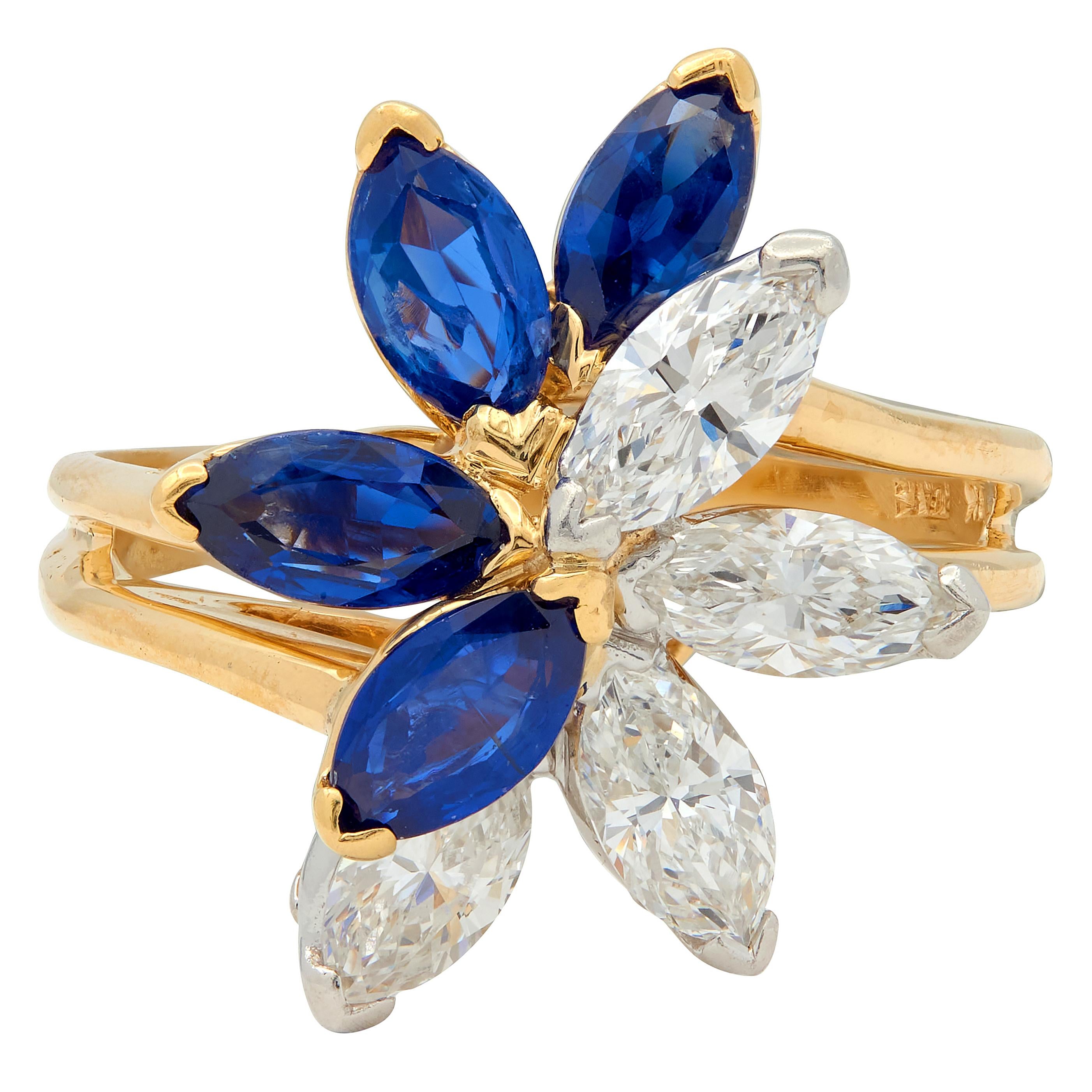1980's Sapphire Diamond 18 Karat Yellow Gold Platinum Vintage Cluster Ring