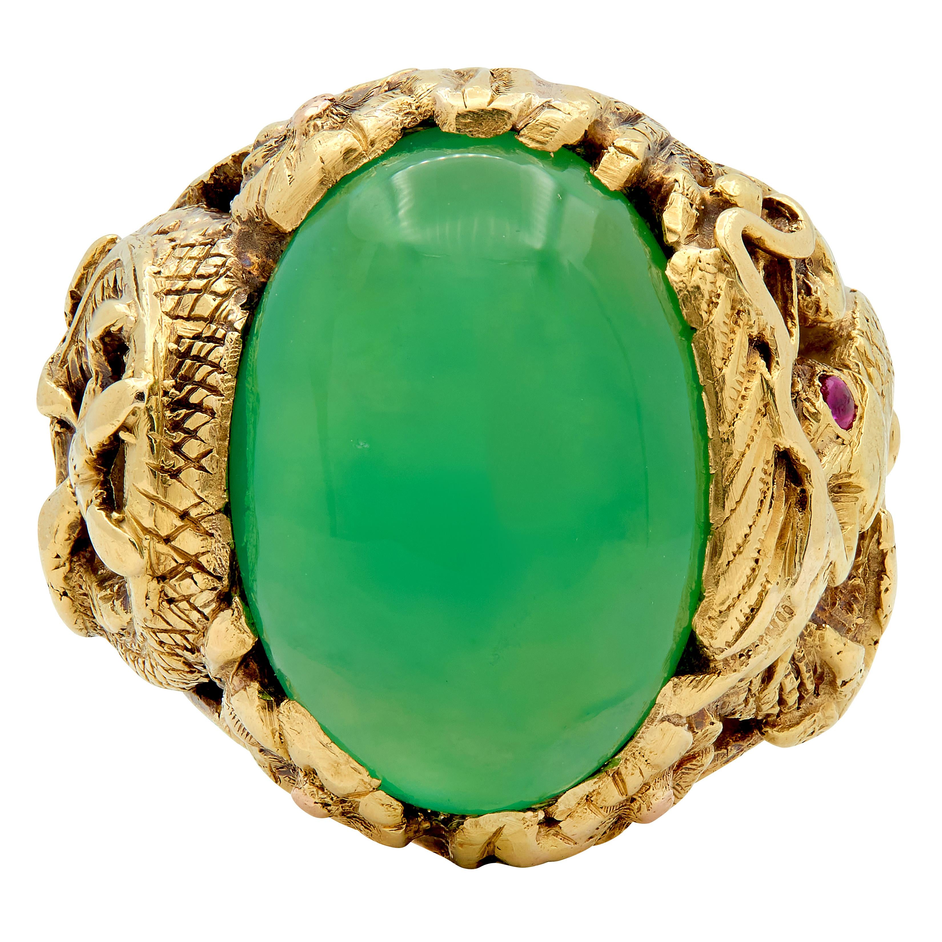 Art Nouveau Jadeite Jade Ruby 18 Karat Yellow Gold Dragon Antique Ring GIA