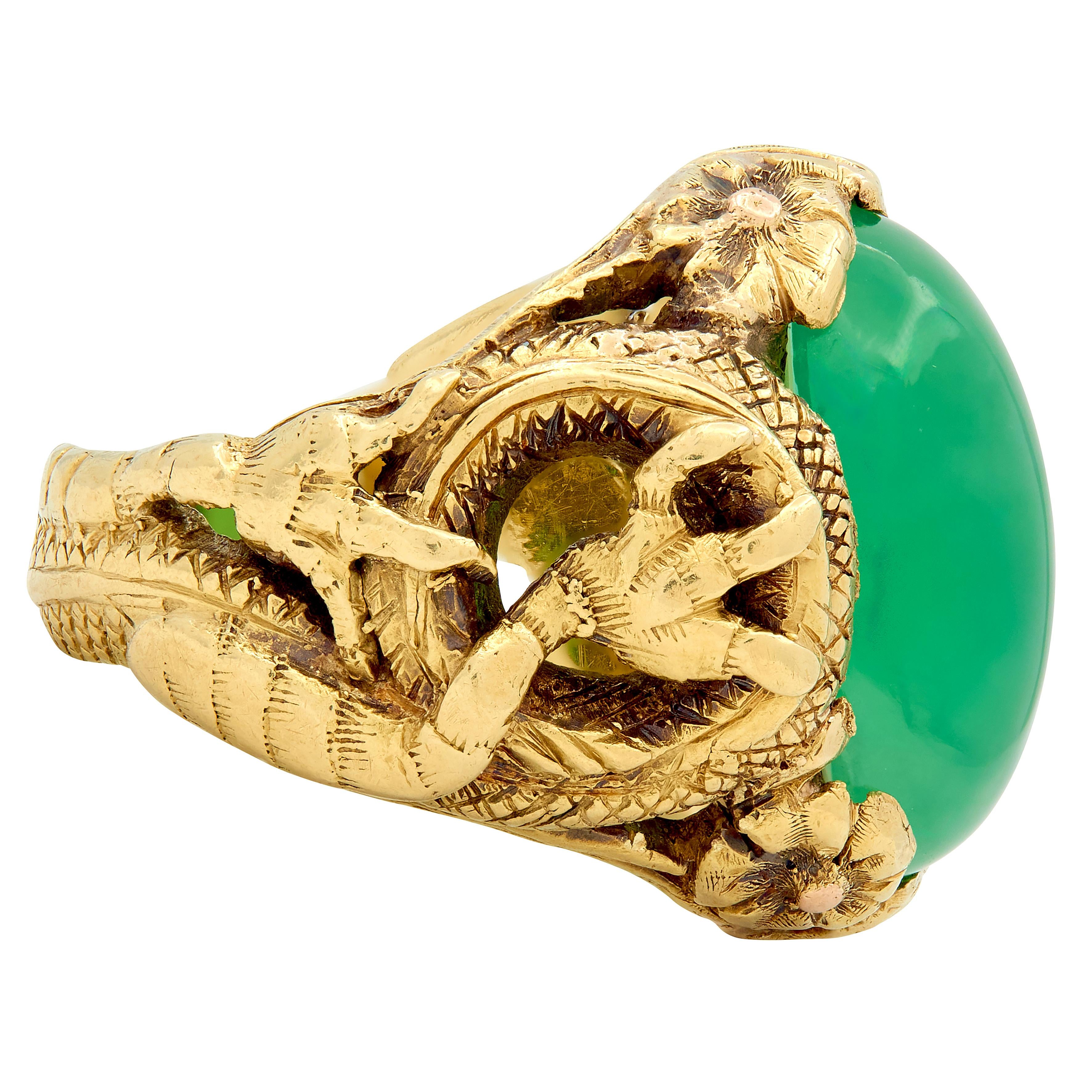 Art Nouveau Jadeite Jade Ruby 18 Karat Yellow Gold Dragon Antique Ring GIA