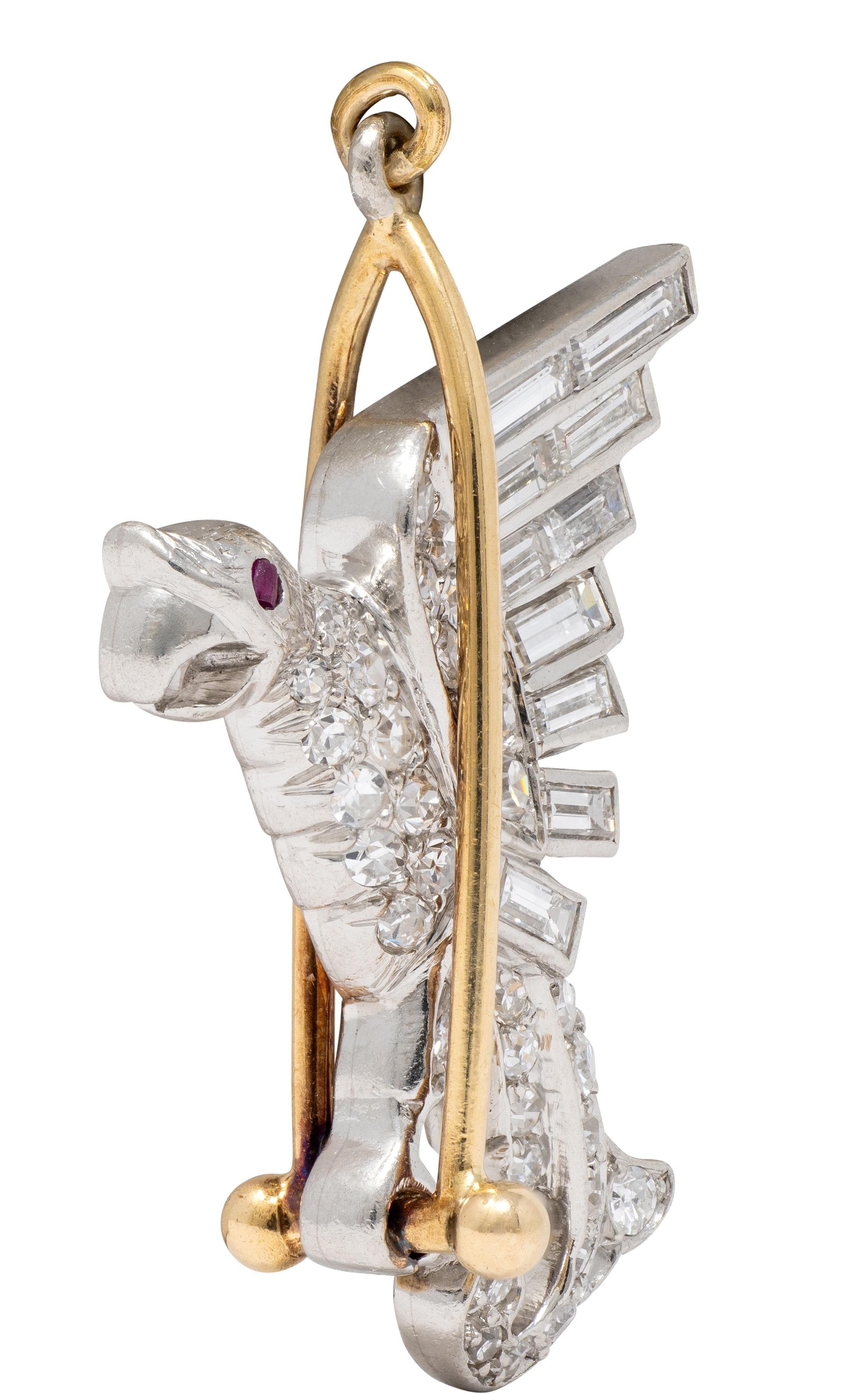 Art Deco Diamond Ruby 18 Karat Yellow Gold Platinum Vintage Parrot Bird Charm