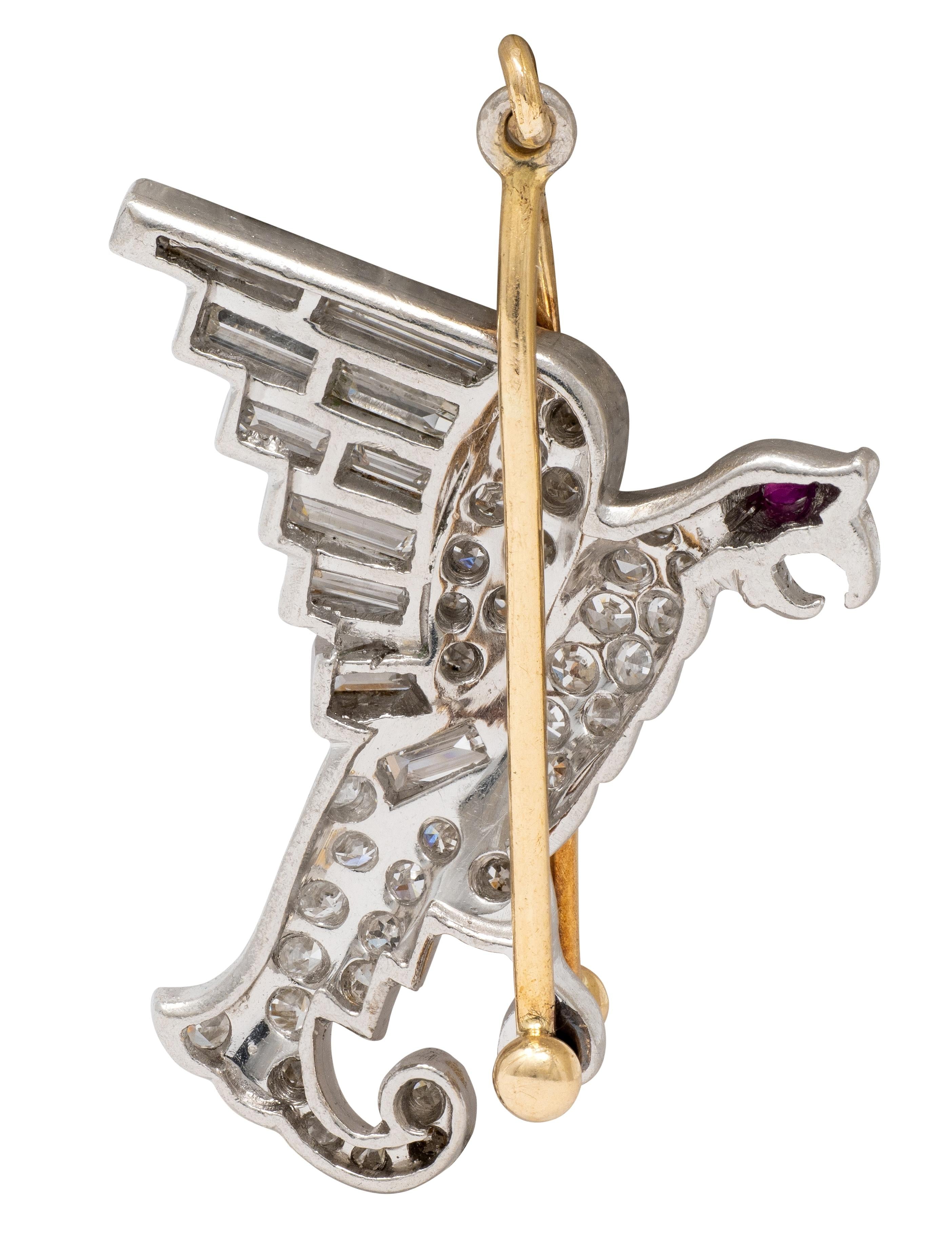 Art Deco Diamond Ruby 18 Karat Yellow Gold Platinum Vintage Parrot Bird Charm