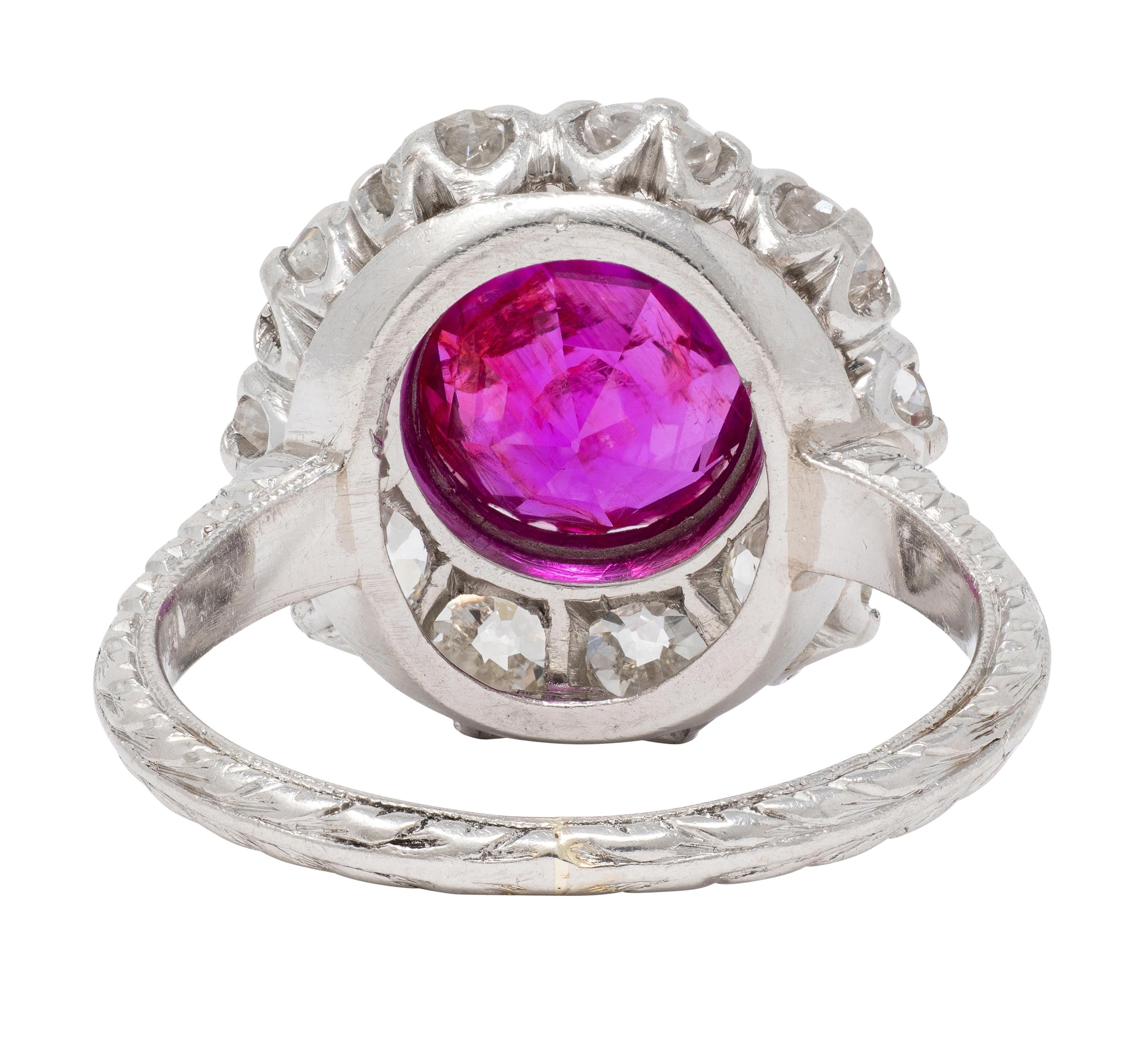Edwardian 3.47 CTW No Heat Burma Ruby Diamond Platinum Antique Fanning Halo Ring