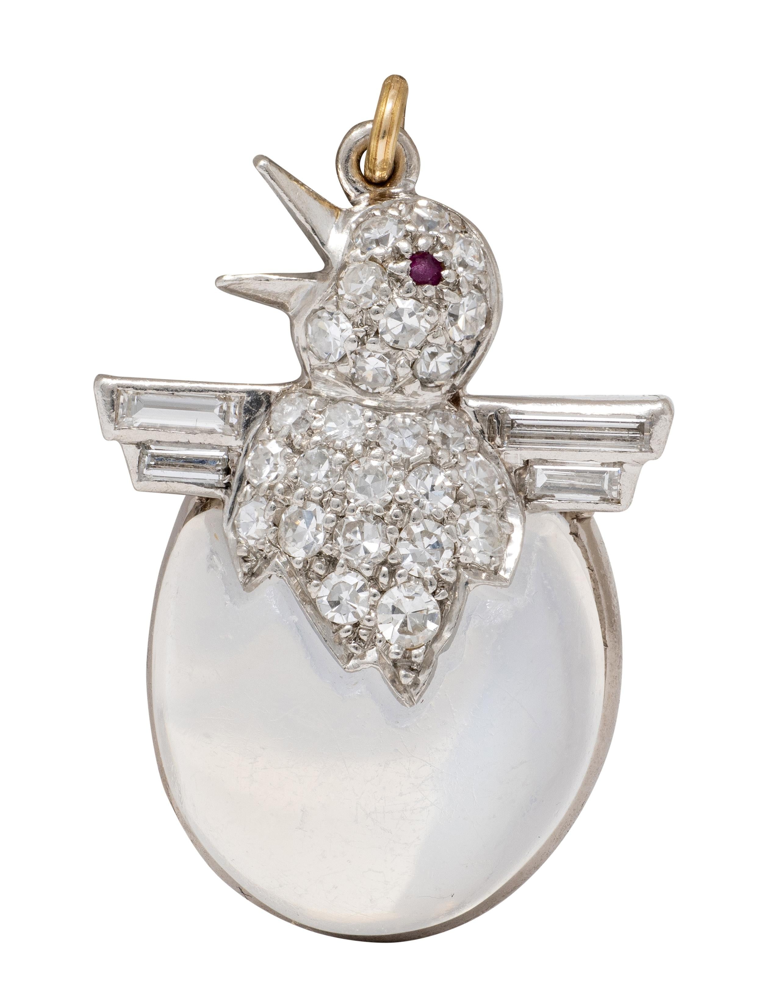 Art Deco Diamond Ruby Moonstone 18 Karat White Gold Vintage Baby Chick Charm