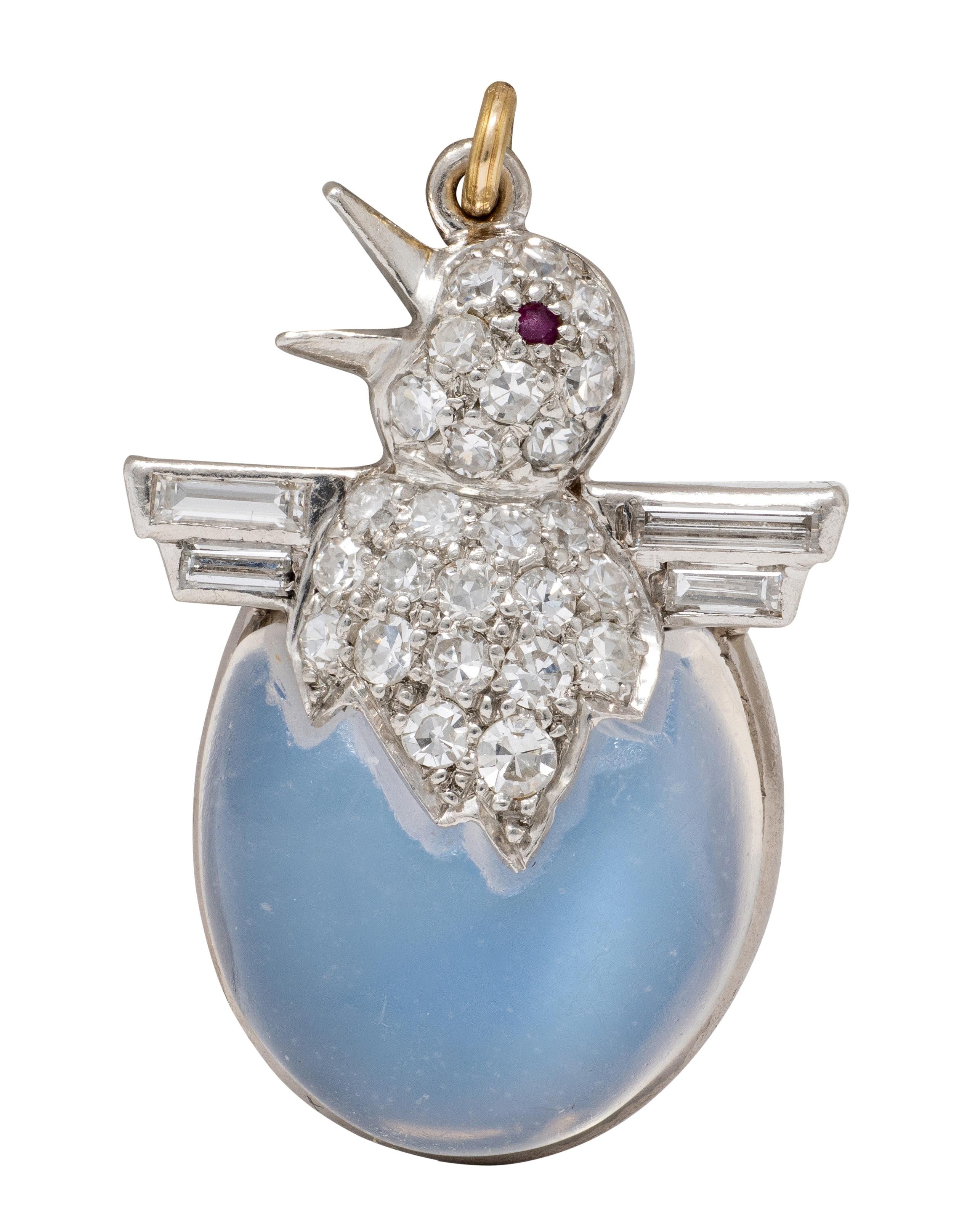 Art Deco Diamond Ruby Moonstone 18 Karat White Gold Vintage Baby Chick Charm