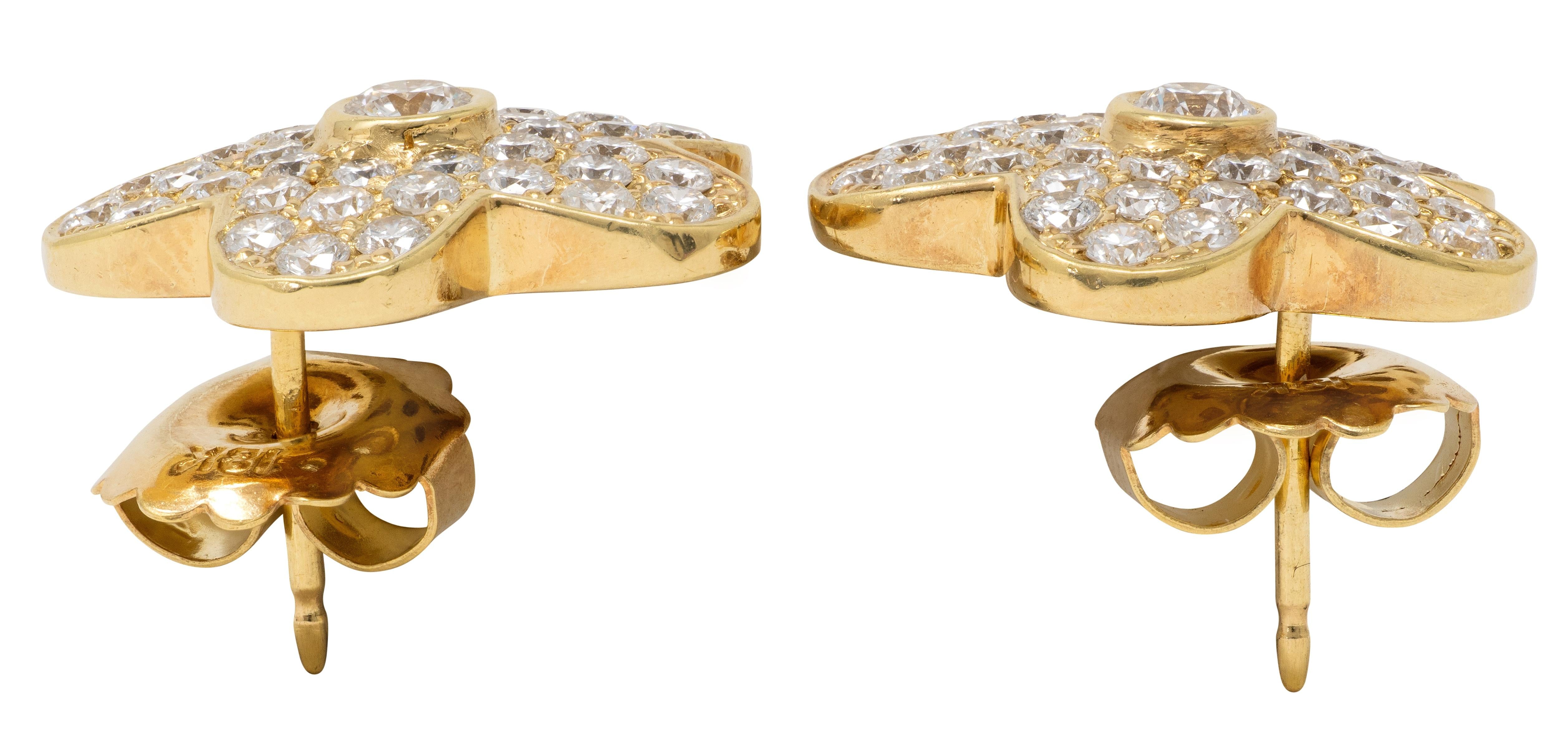 2000's 1.90 CTW Diamond 18 Karat Yellow Gold Contemporary Flower Earrings