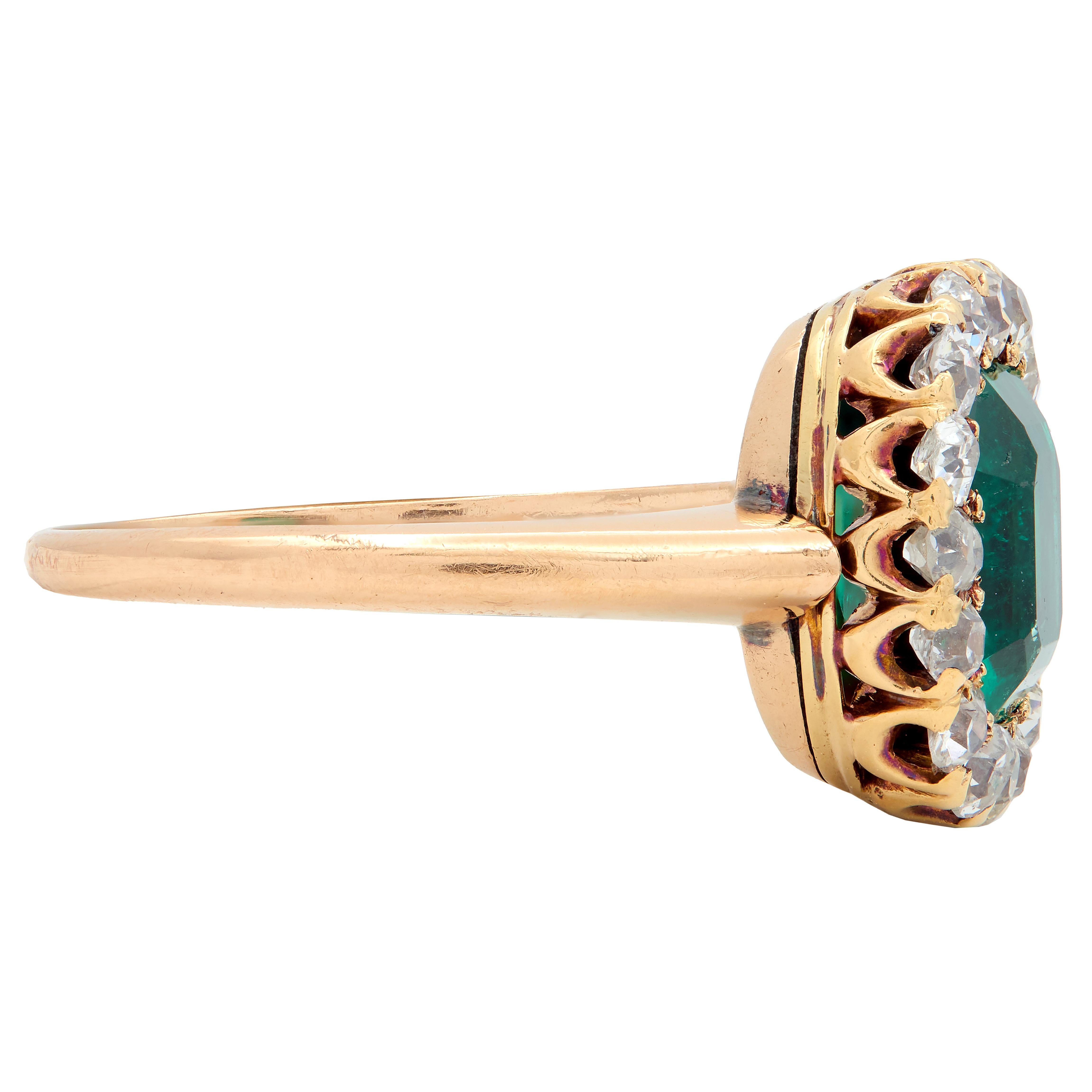 Victorian 2.51 CTW Colombian Emerald Diamond 14K Gold Antique Halo Ring GIA