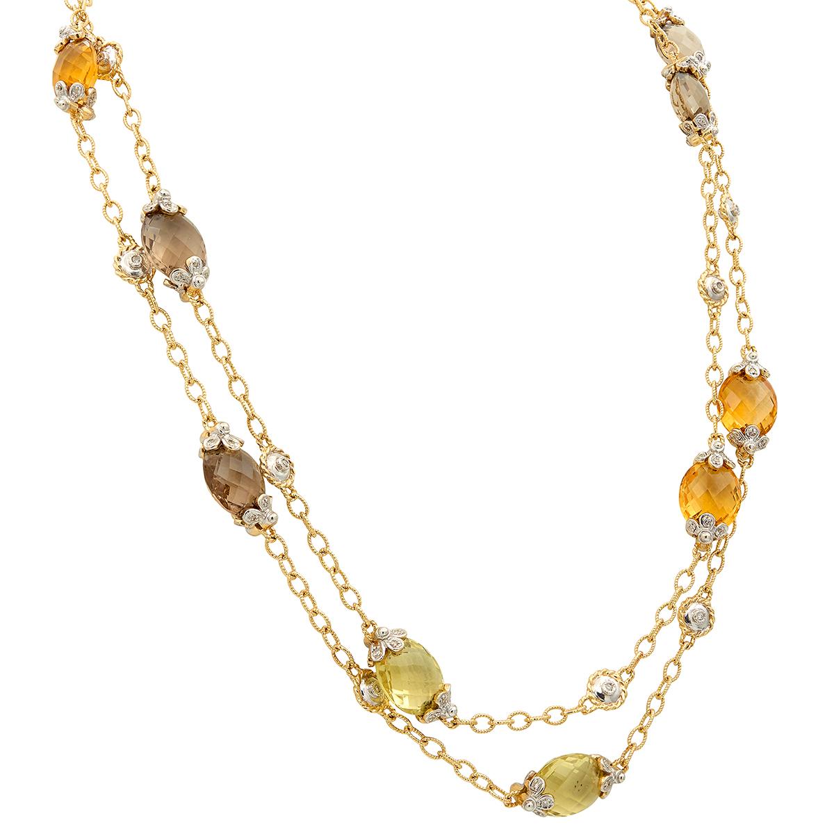 2000's Diamond Multi-Gem 14K Two-Tone Gold Contemporary Beaded Station Necklace