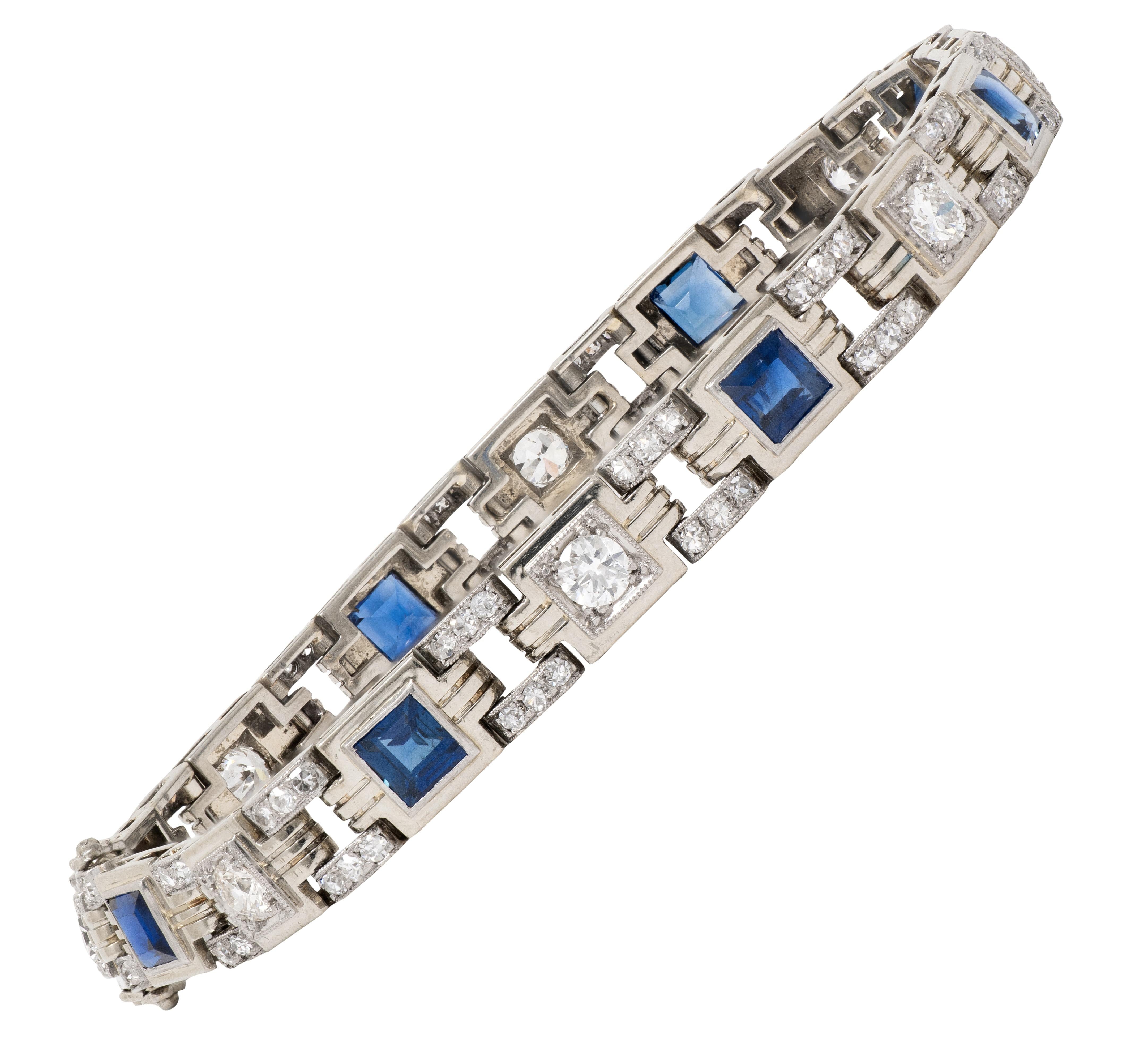 Art Deco 5.84 CTW Diamond Sapphire 18 Karat White Gold Vintage Line Bracelet