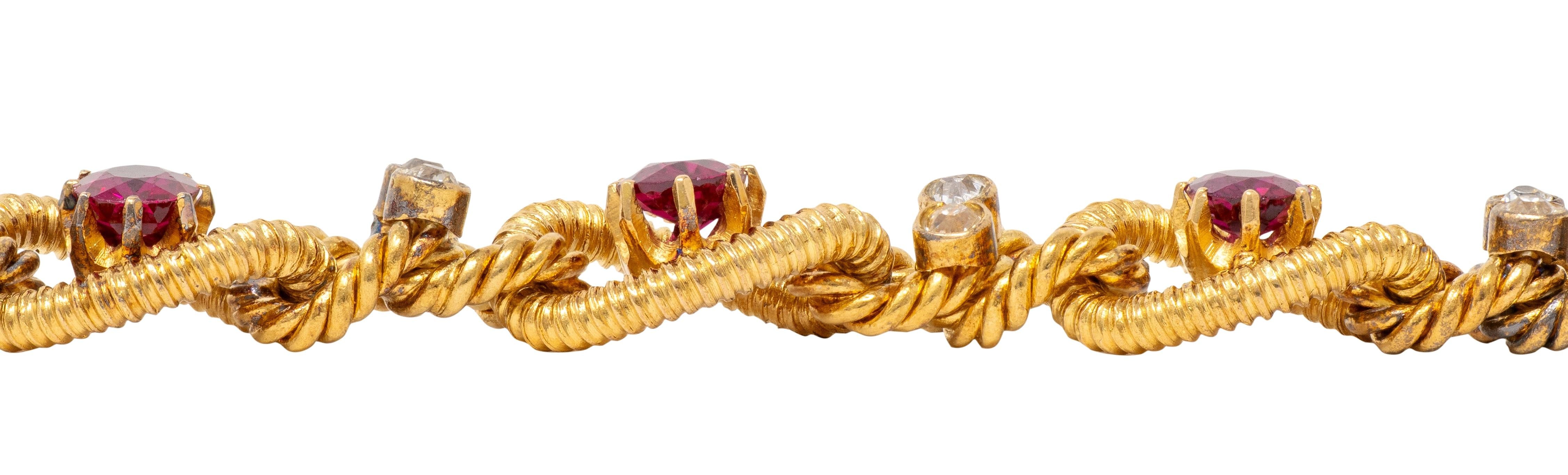 Victorian Diamond Ruby 18 Karat Yellow Gold Antique Twisted Rope Bracelet
