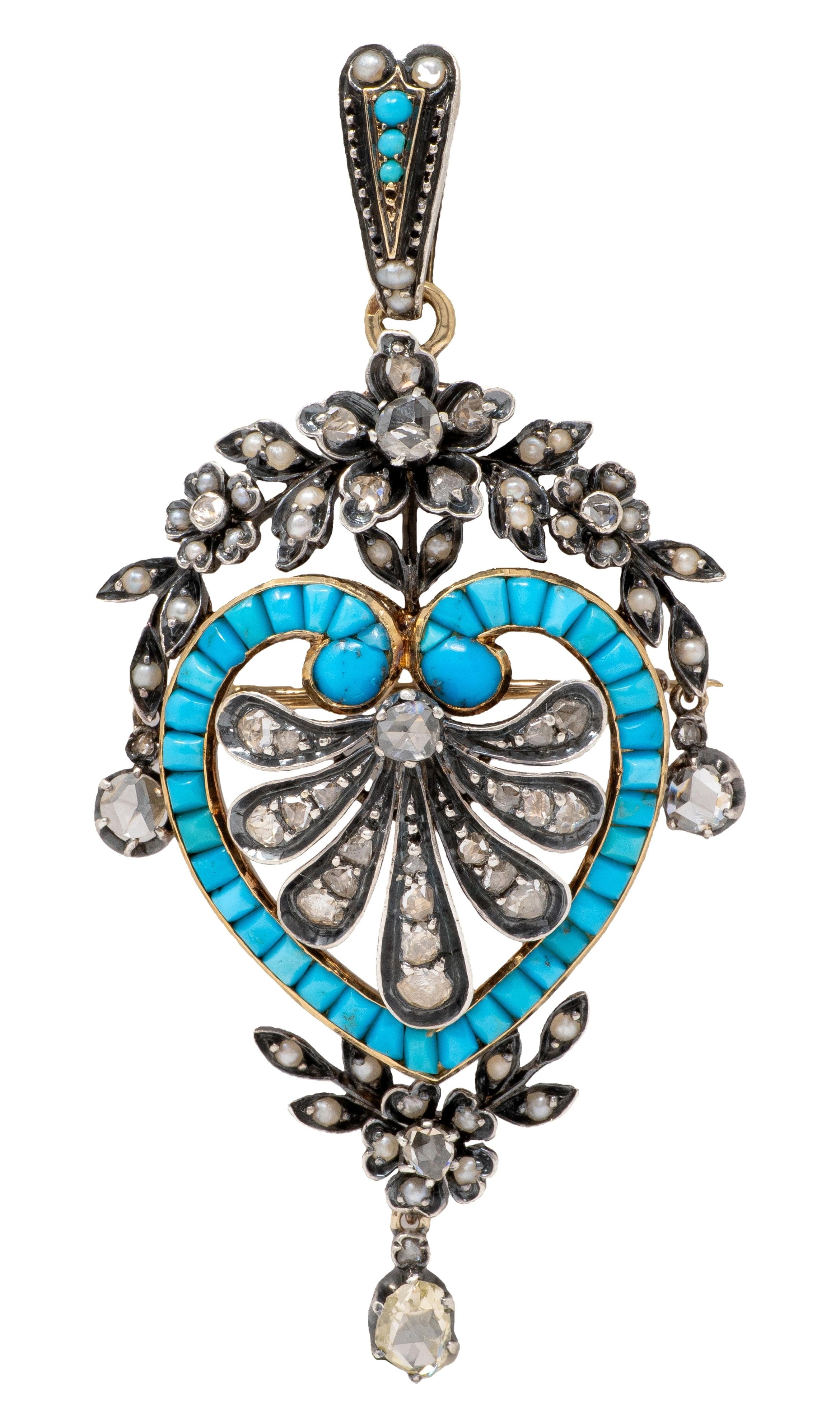 Victorian Multi-Gem Diamond 18K Yellow Gold Silver Antique Heart Pendant Brooch