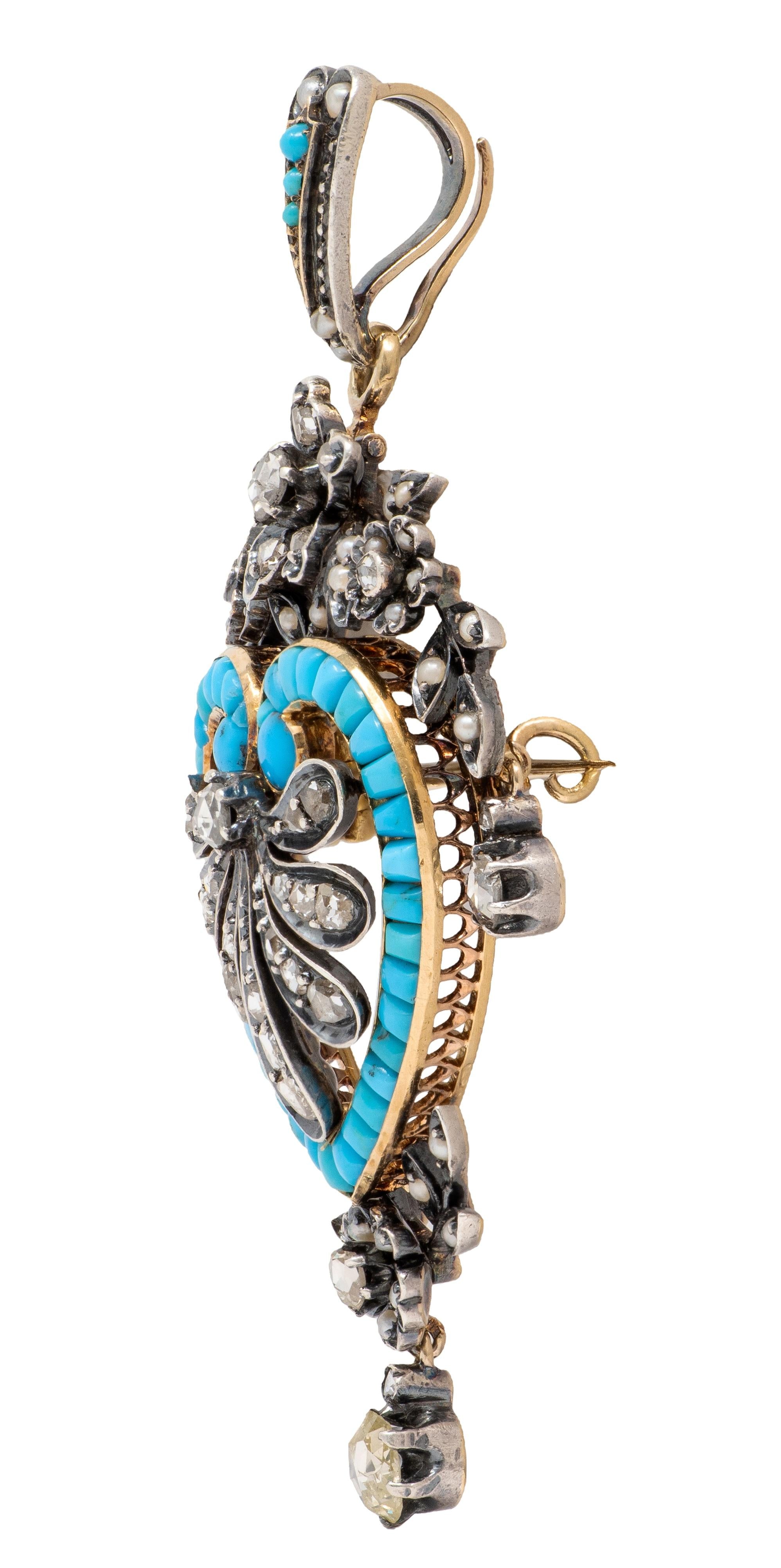 Victorian Multi-Gem Diamond 18K Yellow Gold Silver Antique Heart Pendant Brooch