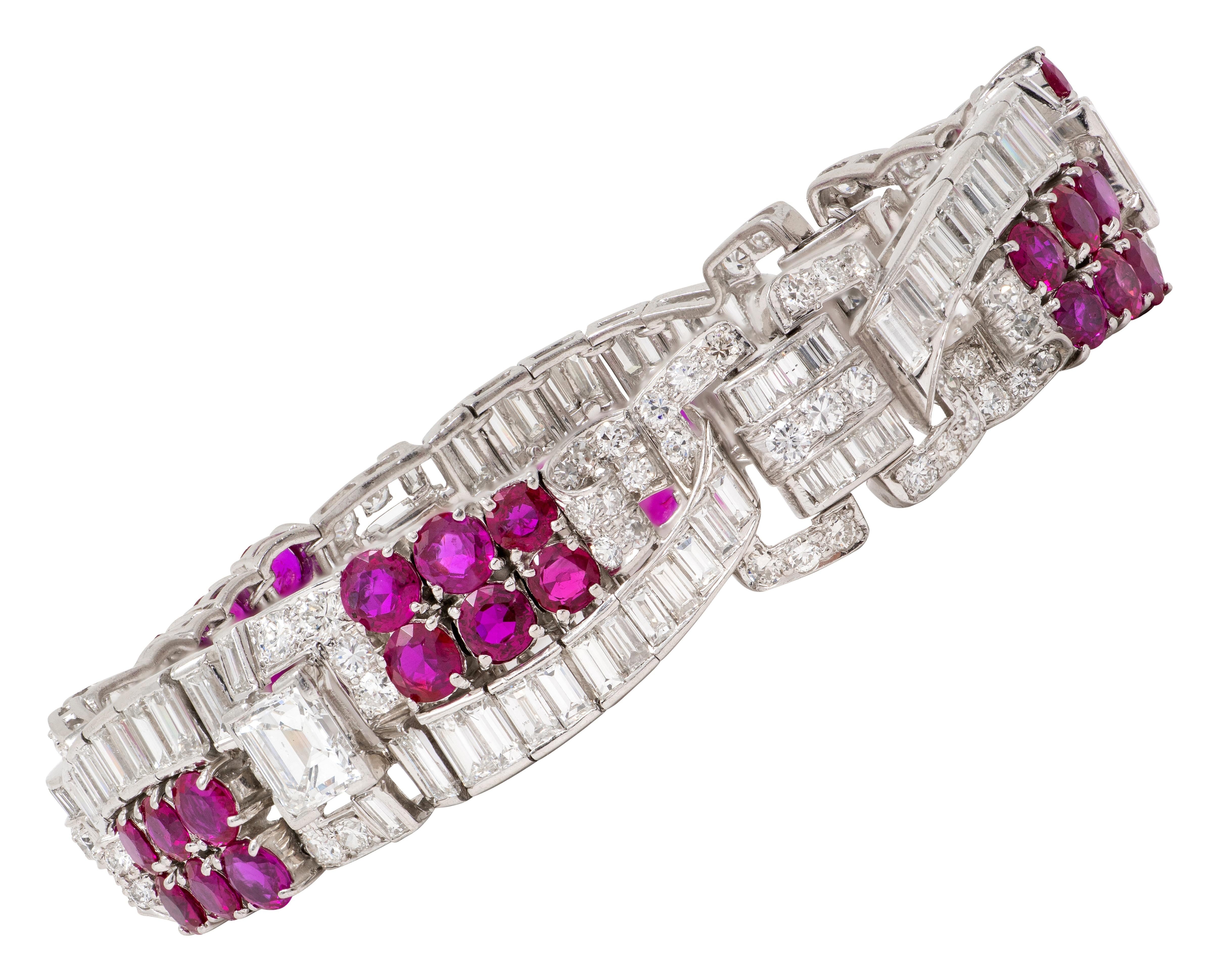 Trabert & Hoeffer Mauboussin 1950s Diamond Ruby Platinum Vintage Ribbon Bracelet