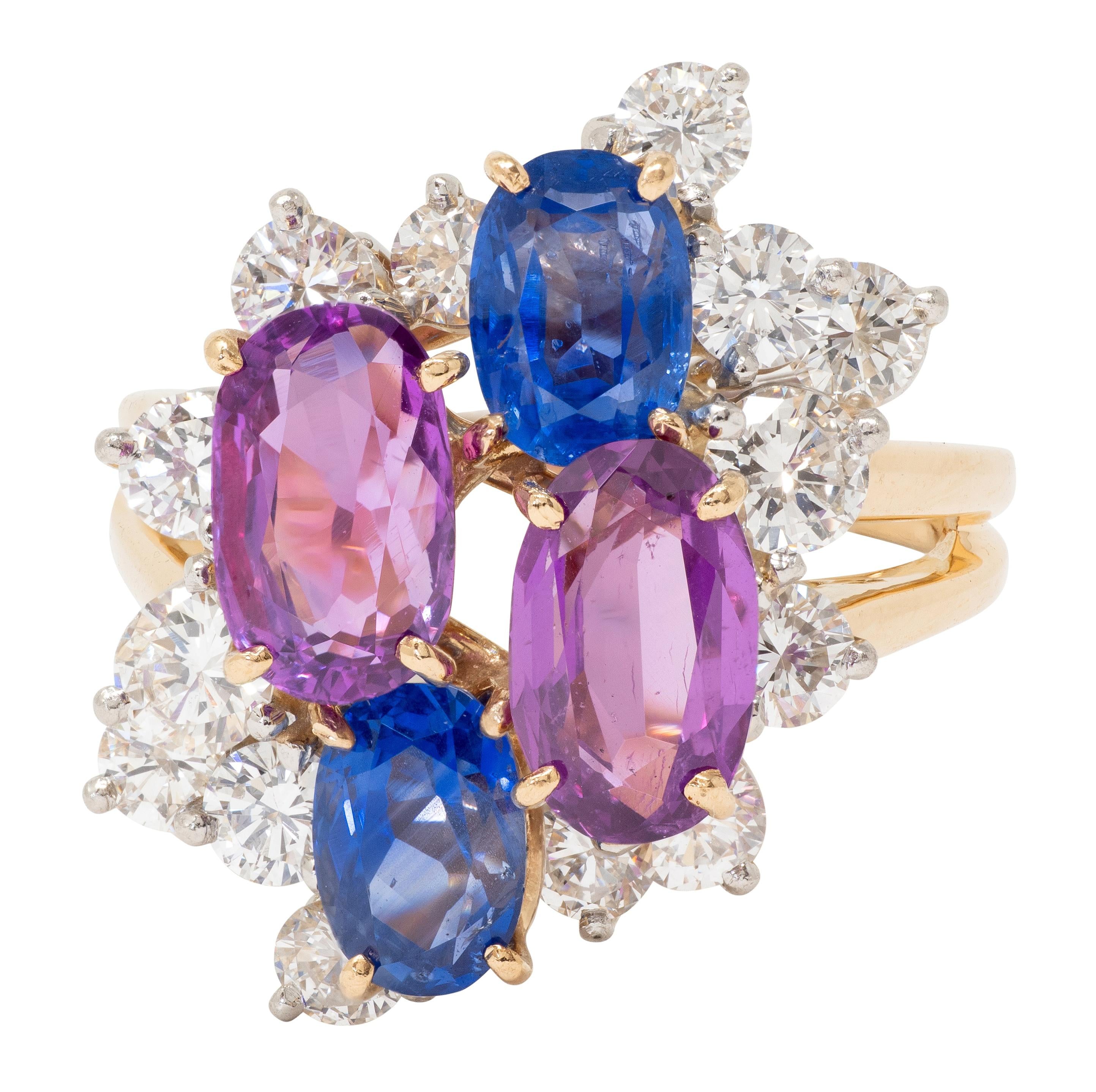 Oscar Heyman 1980's Sapphire Diamond 18K Gold Platinum Vintage Cluster Ring