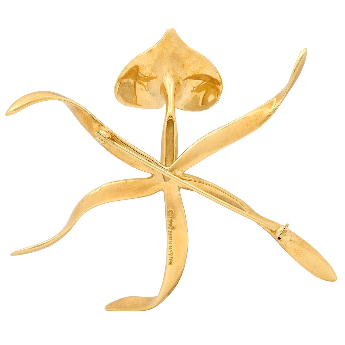 Angela Cummings 1988 Enamel 18 Karat Yellow Gold Vintage Orchid Flower Brooch