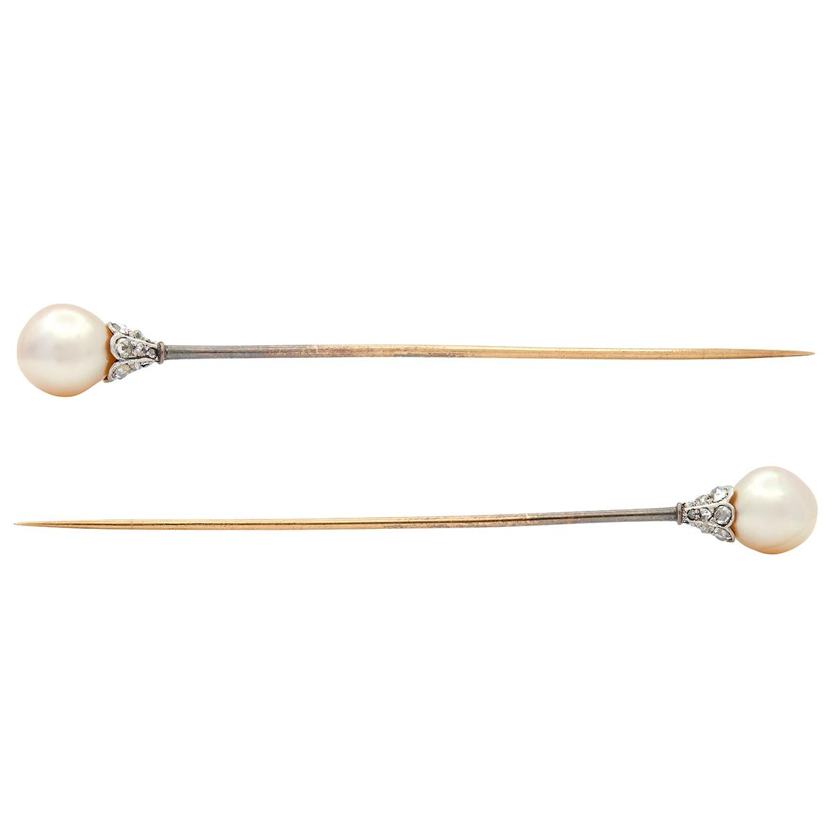 Edwardian Pearl Diamond 14 Karat Yellow Gold Platinum Antique Stickpin GIA