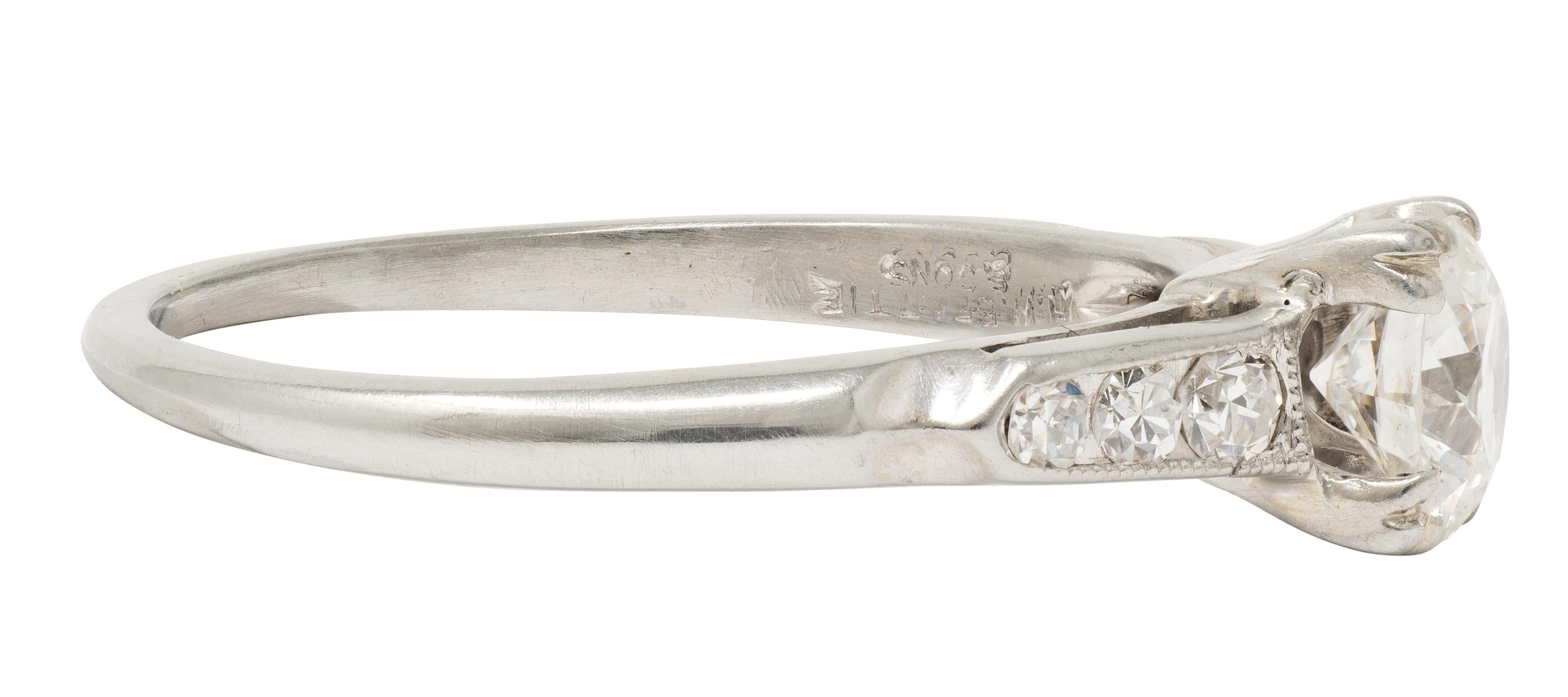 Art Deco European Diamond 18K White Gold Vintage Fleur-De-Lis Engagement Ring