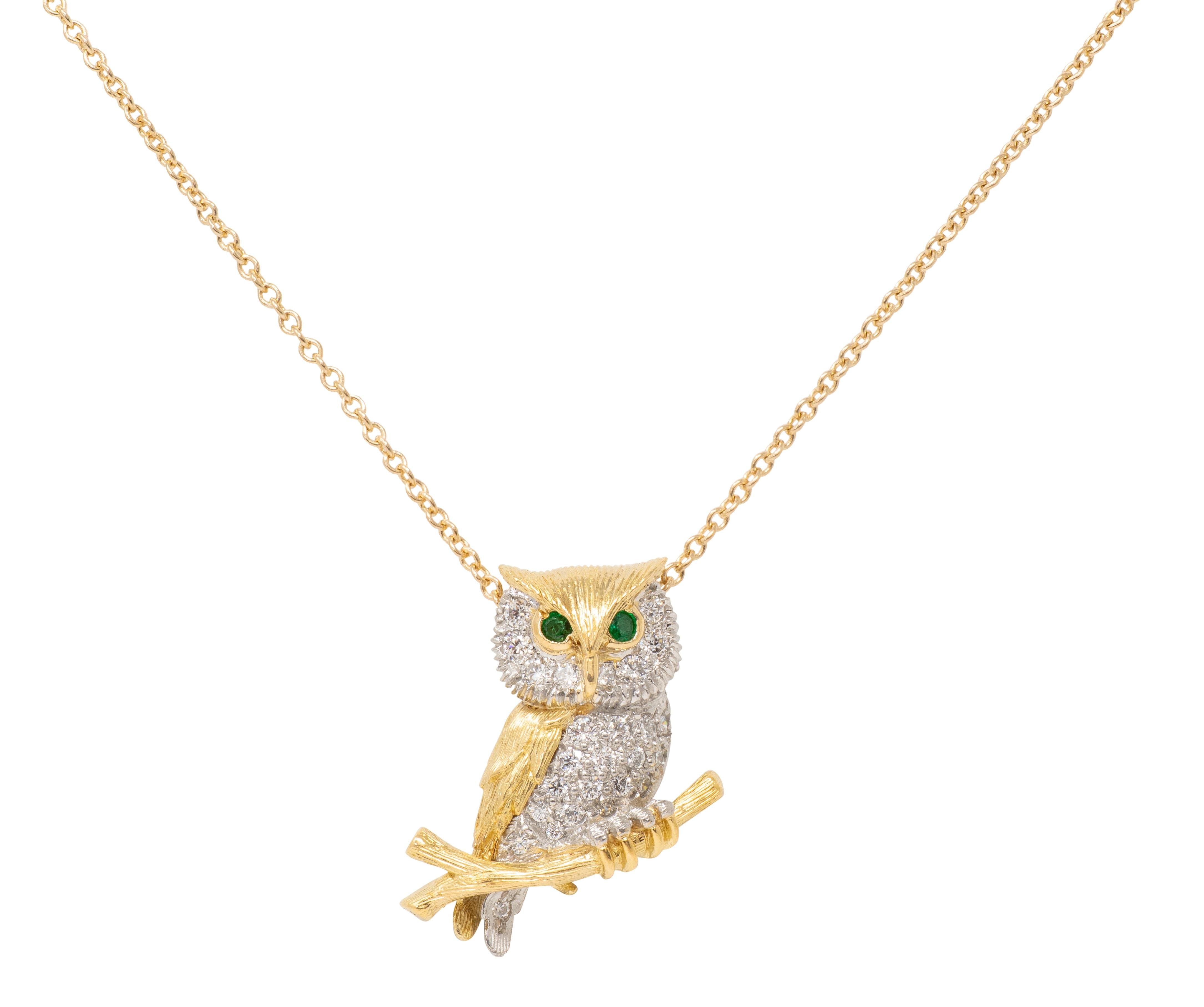Mctiegue 1960's Garnet Diamond 18K Gold Platinum Vintage Owl Pendant Necklace