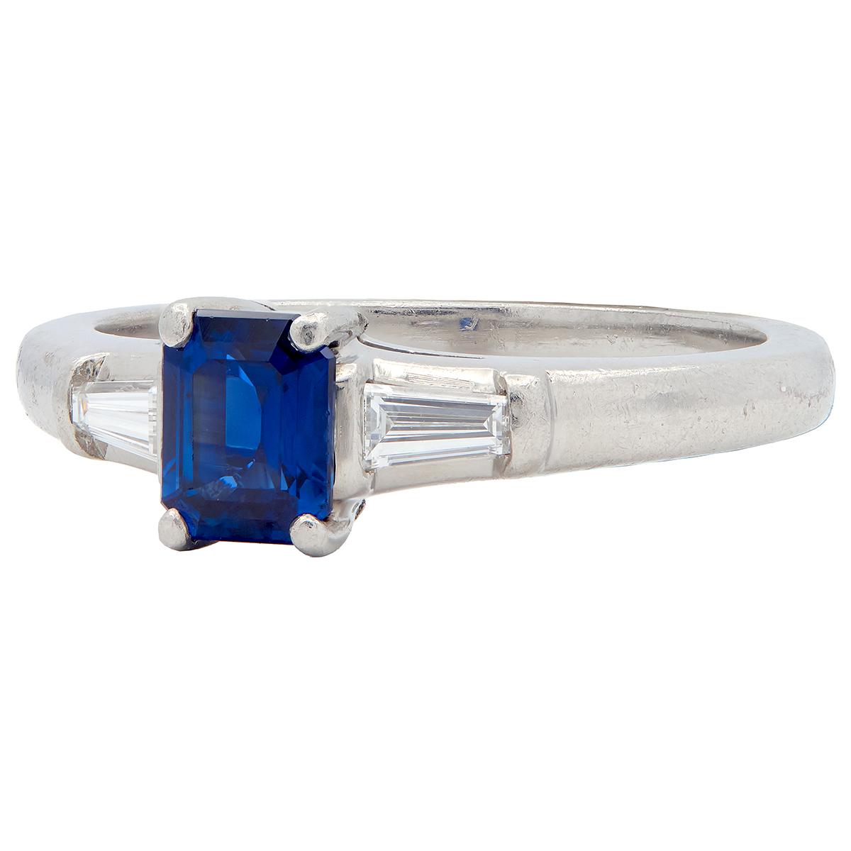 Tiffany & Co. 1950's Sapphire Diamond Platinum Vintage Three Stone Ring