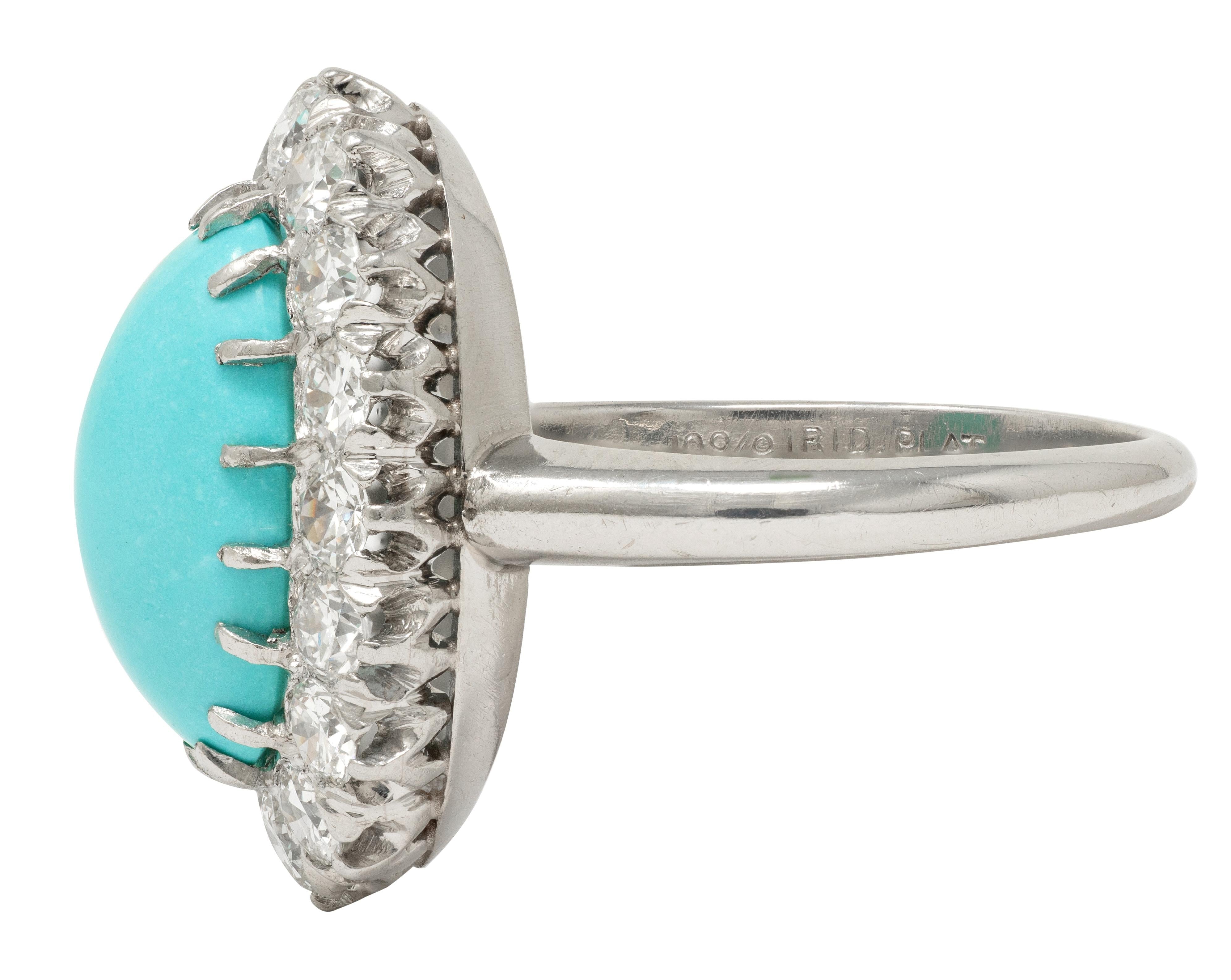 Art Deco 1.12 CTW Turquoise Cabochon Diamond Platinum Vintage Halo Ring