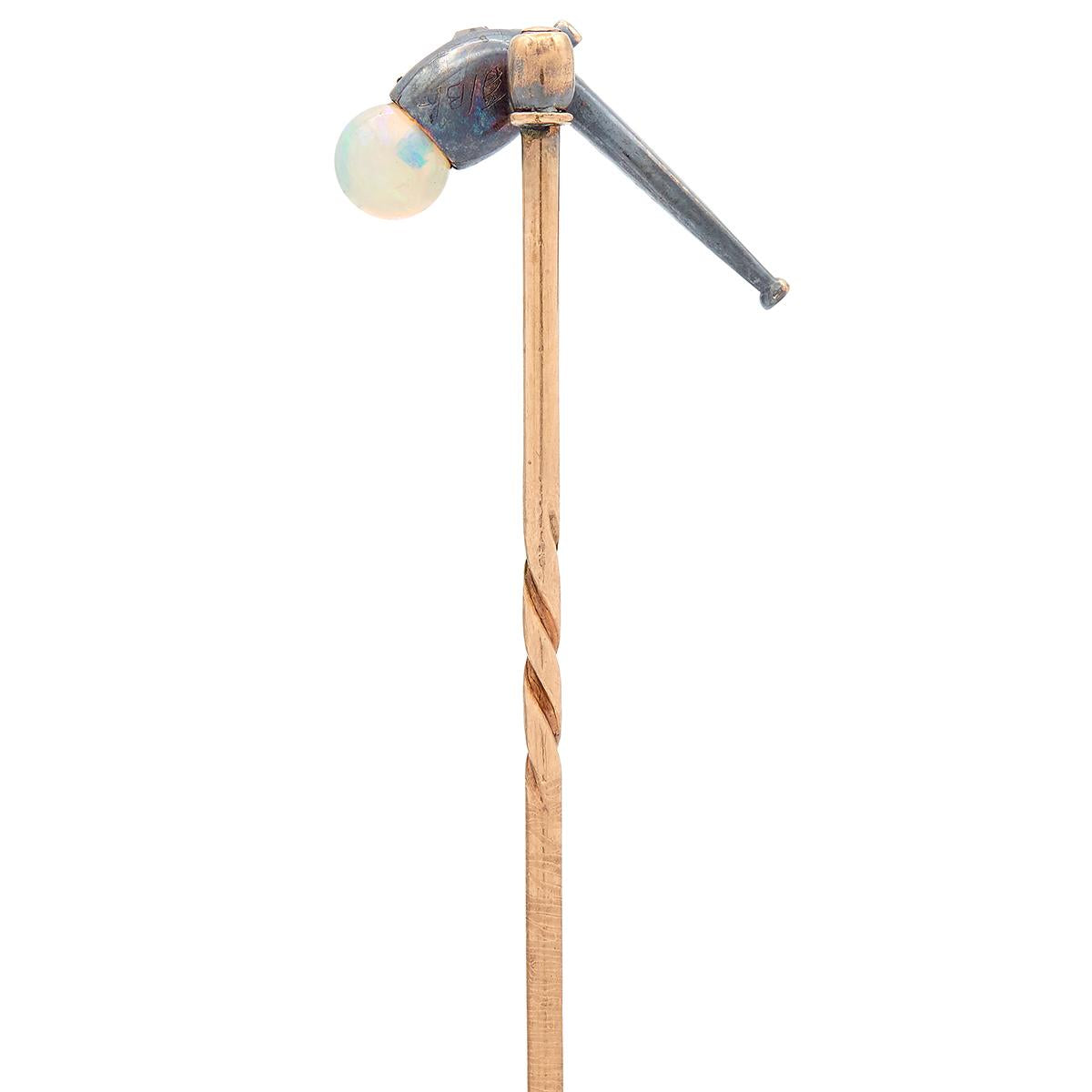 Victorian Opal Diamond Silver-Topped 14 Karat Gold Antique Pipe Stickpin