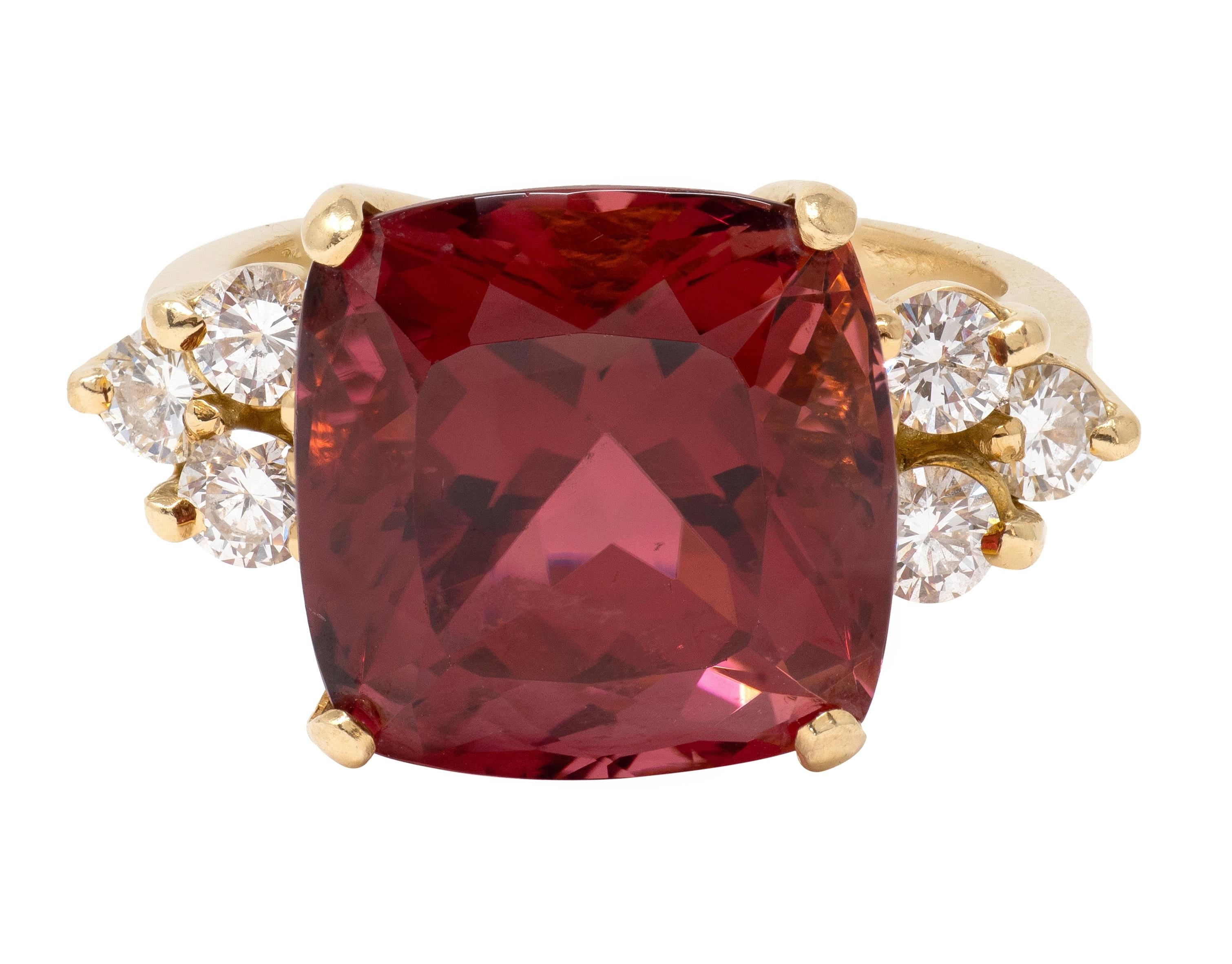 1980's Rubellite Tourmaline Diamond 18 Karat Yellow Gold Vintage Cocktail Ring
