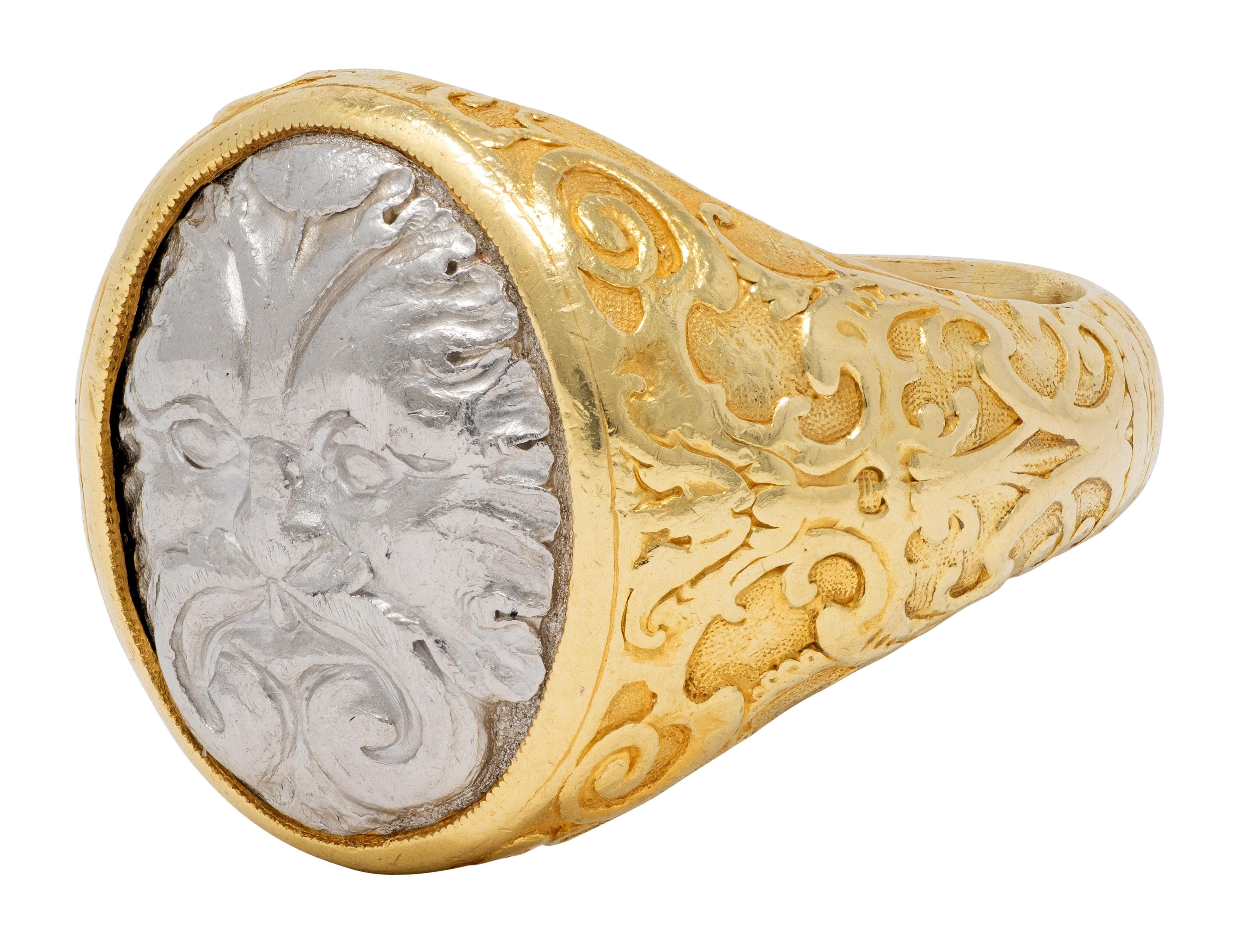 Paul Lantuch 2000's 18 Karat Yellow Gold Platinum Unisex Green Man Signet