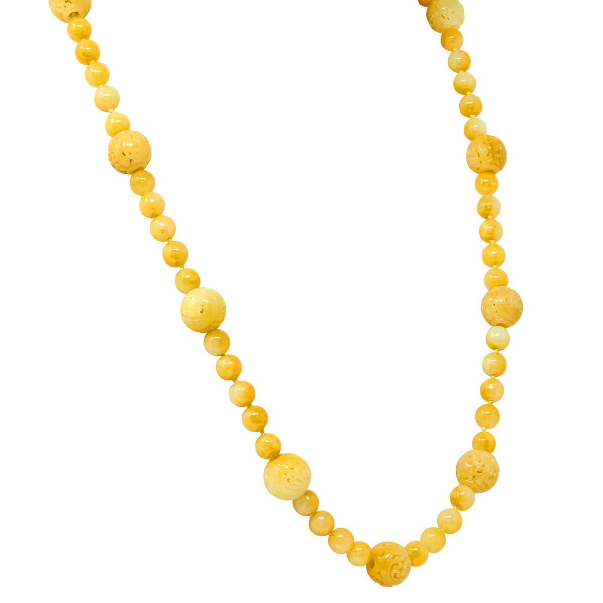 Gumps 1970's Yellow Jade 14K Yellow Gold Vintage Carved Beaded Strand Necklace