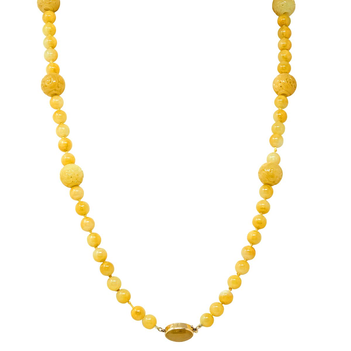 Gumps 1970's Yellow Jade 14K Yellow Gold Vintage Carved Beaded Strand Necklace