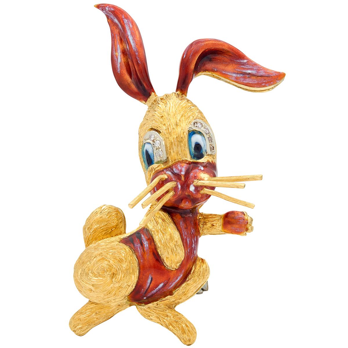 1960's Diamond Enamel 18 Karat Two-Tone Gold Vintage Cartoon Rabbit Brooch