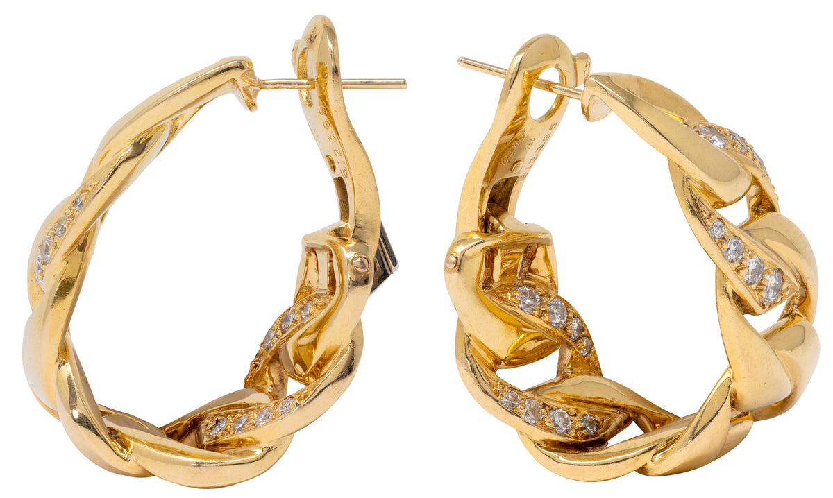 Cartier French 1980's Diamond 18 Karat Yellow Gold Vintage Chain Link Inside-Outside Hoop Earrings