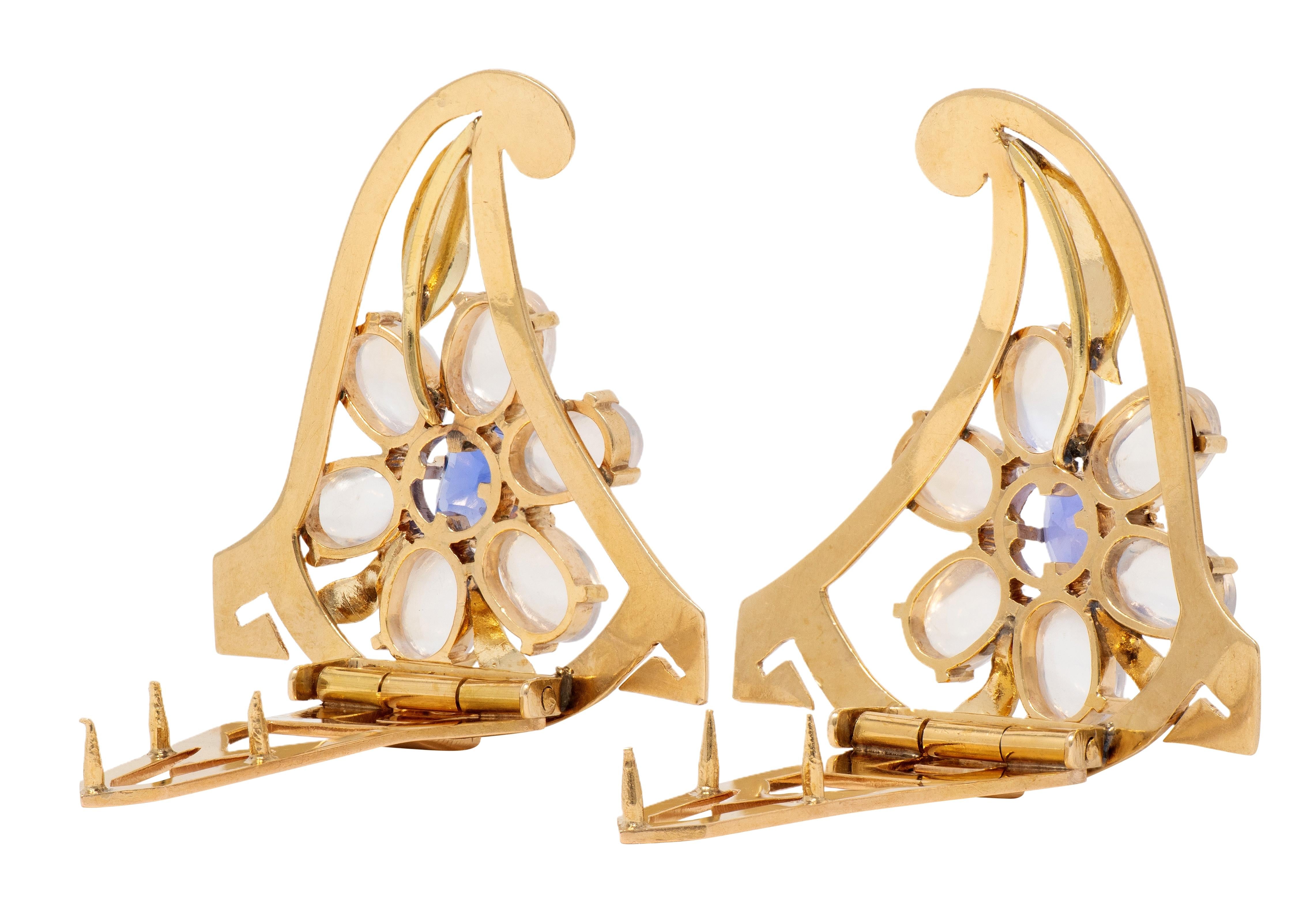 Retro Sapphire Moonstone 14 Karat Yellow Gold Vintage Floral Brooch Clips